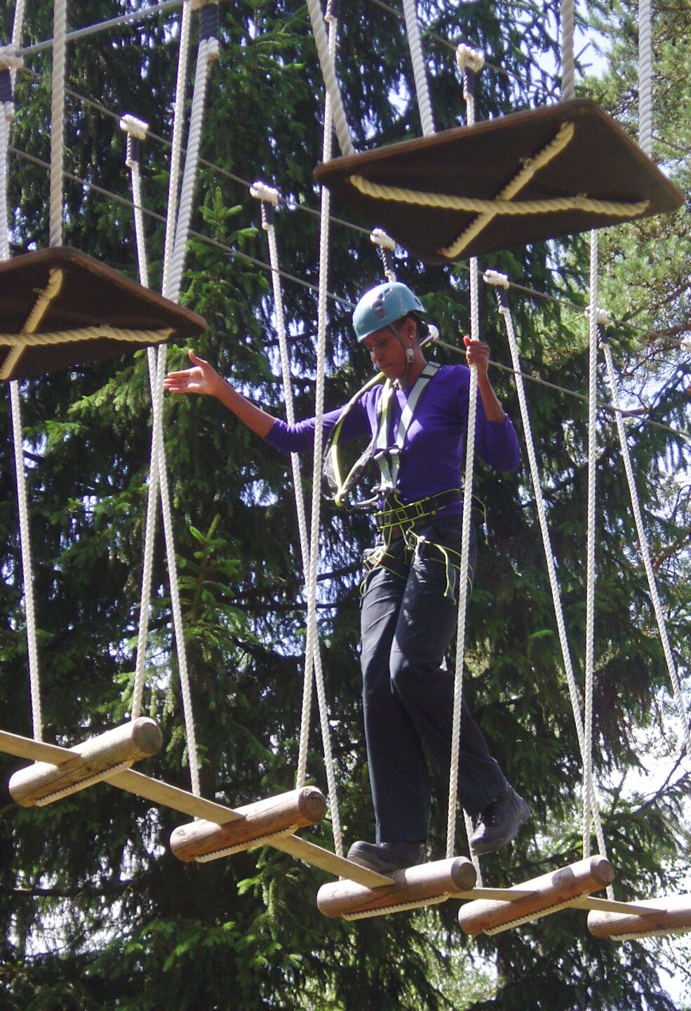 GRAFENWOEHR, Germany — Danielle Brooks, U.S. Army Corps of Engineers Europe District project engineer, conducts final inspection of the high ropes course in Grafenwoehr, Germany, July 18, 2012.