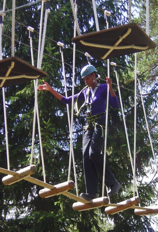 GRAFENWOEHR, Germany — Danielle Brooks, U.S. Army Corps of Engineers Europe District project engineer, conducts final inspection of the high ropes course in Grafenwoehr, Germany, July 18, 2012.