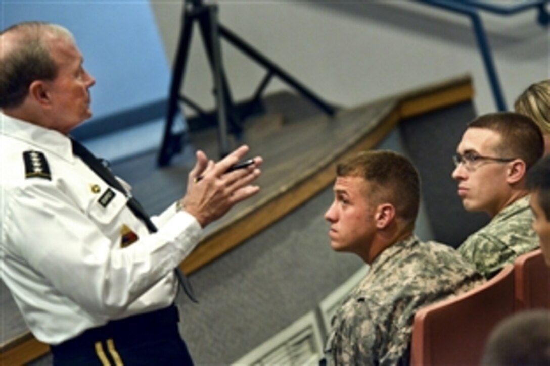 Army Gen. Martin E. Dempsey, chairman of the Joint Chiefs of Staff, conducts a town hall with members of the Minnesota National Guard in Rosemount, Minn., Aug. 16, 2012.

