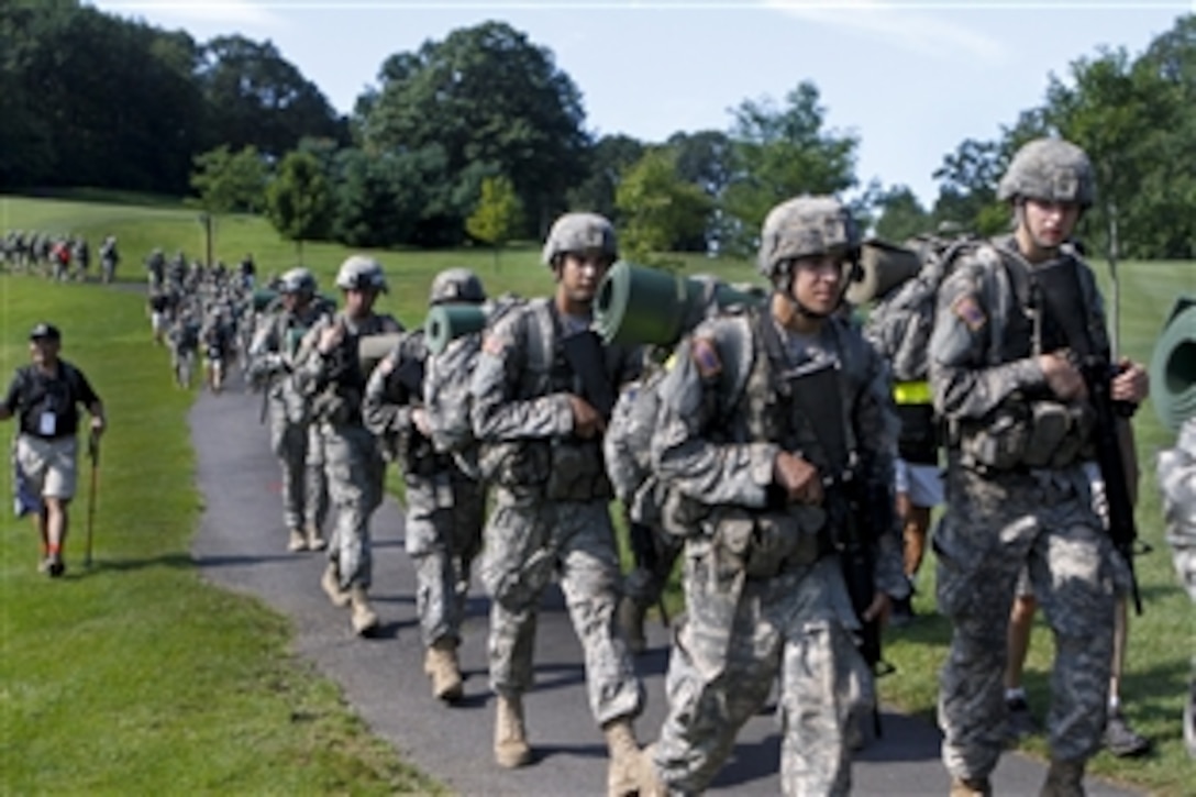 More than 1,000 cadets at the U.S. Military Academy at West Point, N.Y., participate in their final challenge – a 12-mile ruck march from Camp Buckner to West Point – to complete basic training, Aug. 13, 2012. The Class of 2016 completed its six-week summer training program as onlookers watched them march. 