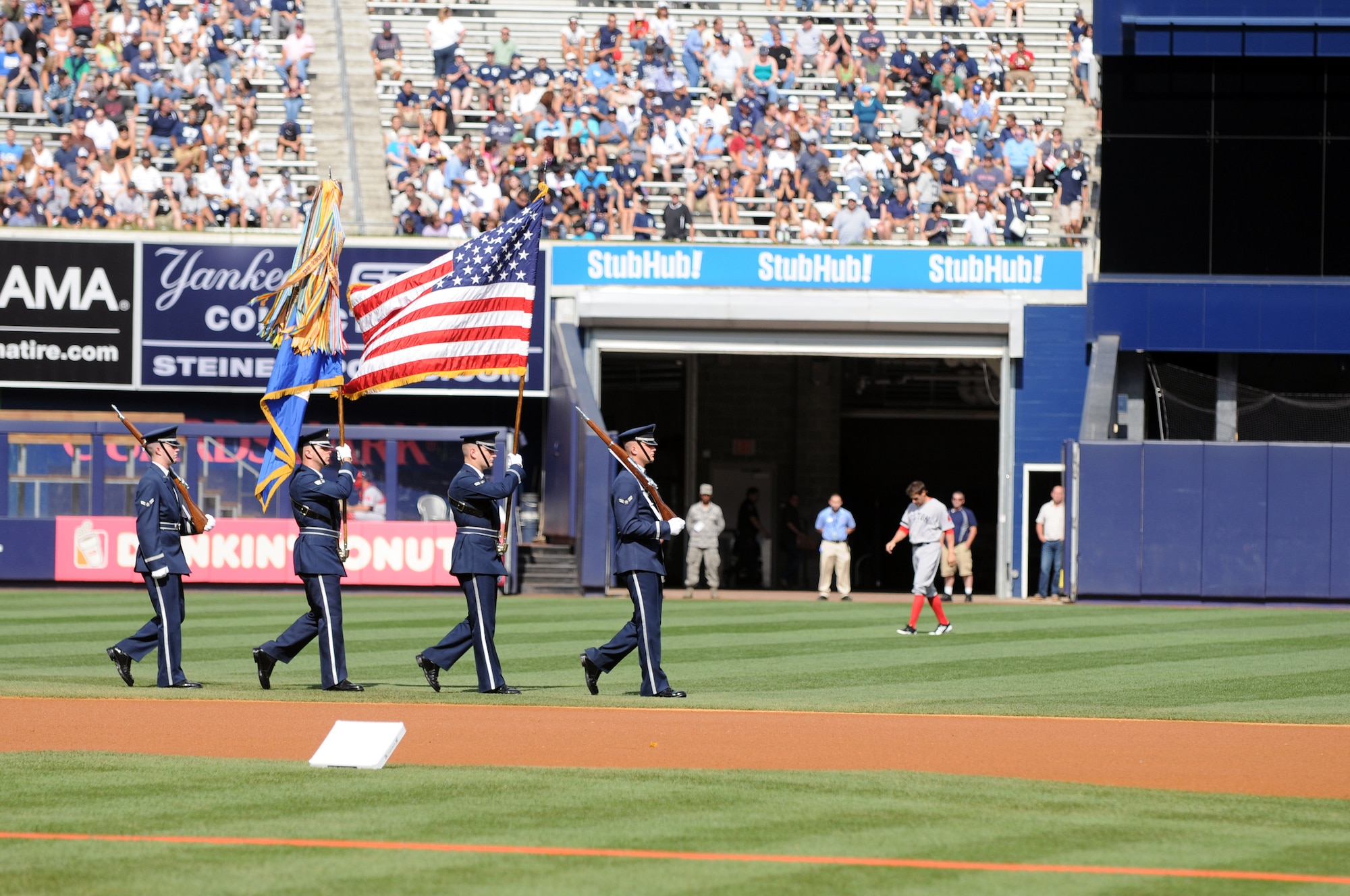 The U.S. Air Force Honor Guard Color Guard presents the colors for the Yankees vs. Red Sox game Aug. 18 at the Yankee Stadium, Bronx, N.Y. The presentation kicked off the ceremonial unit’s participation in Air Force Week 2012. (U.S. Air Force photo by Senior Airman Tabitha N. Haynes)