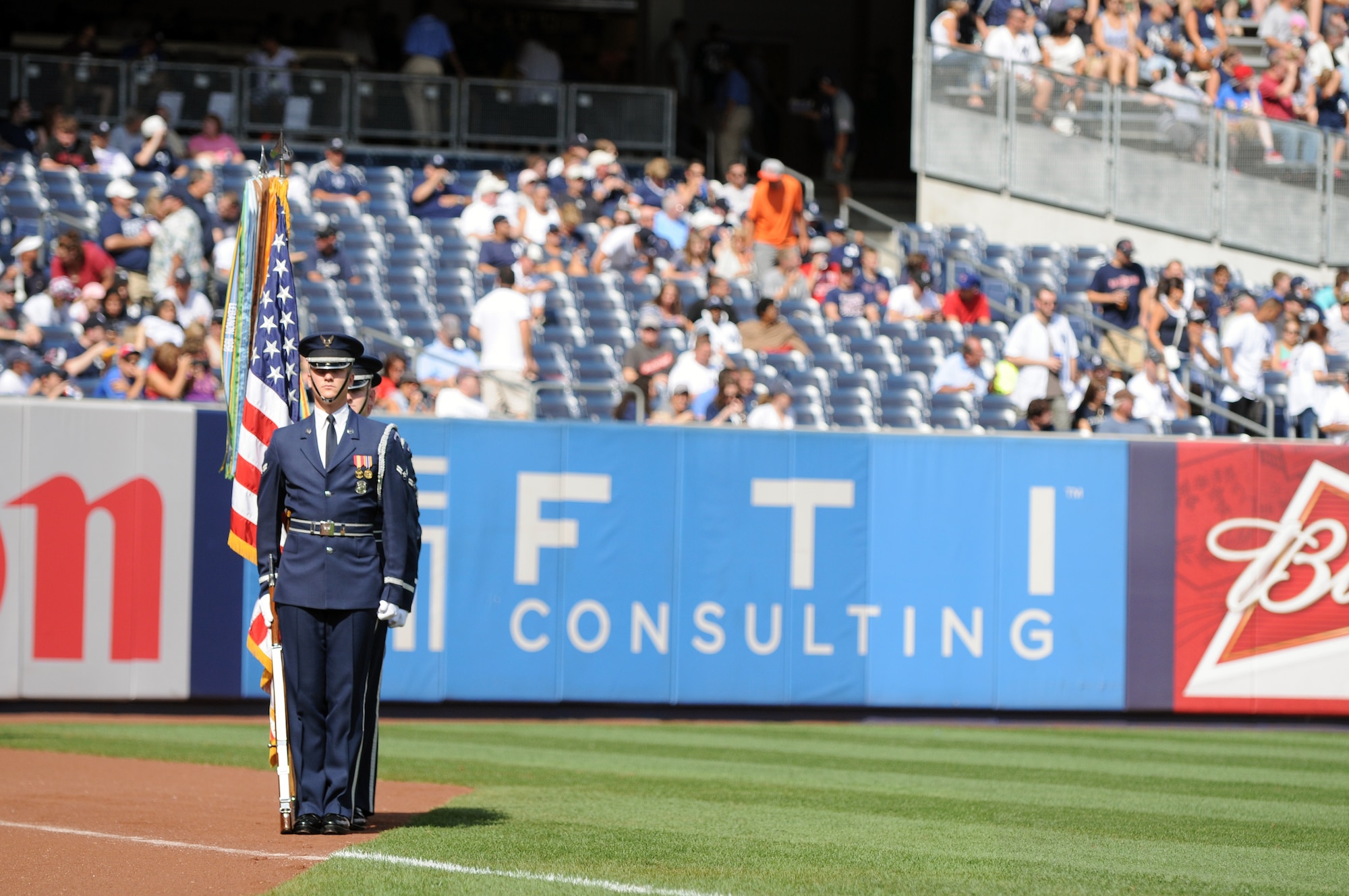 The U.S. Air Force Honor Guard Color Guard presents the colors for the Yankees vs. Red Sox game Aug. 18 at the Yankee Stadium, Bronx, N.Y. The presentation kicked off the ceremonial unit’s participation in Air Force Week 2012. (U.S. Air Force photo by Senior Airman Tabitha N. Haynes) 