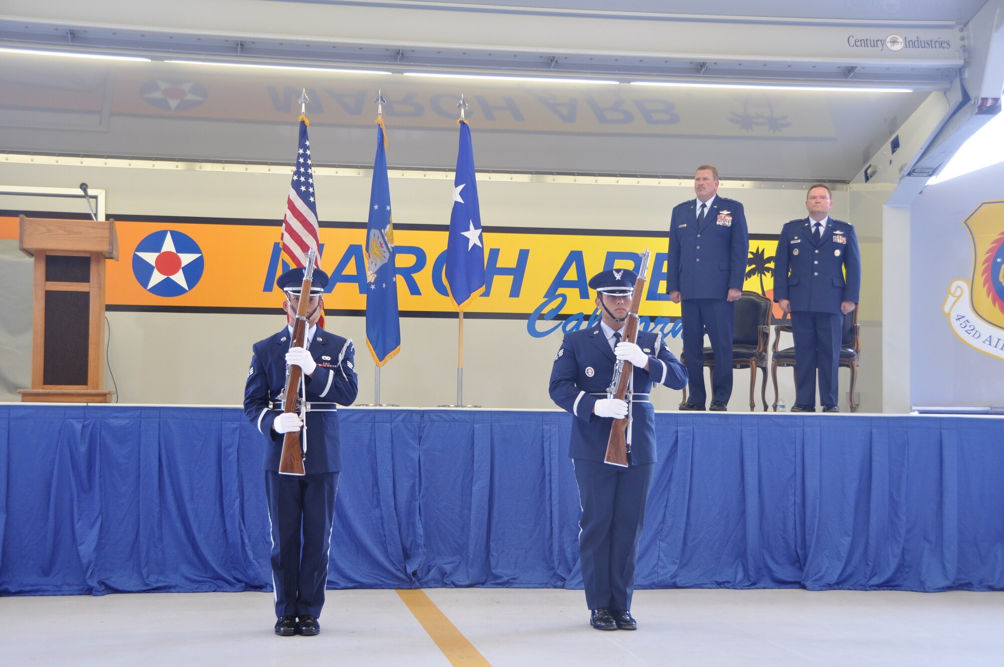 Col. Samuel C. Mahaney takes command of the 452nd Air Mobility Wing, March Air Reserve Base, Calif. from Major General Mark A. Kyle, commander, 4th Air Force on August 4. Airmen assigned to the Base Honor Guard present arms during the
base change of command ceremony. (U.S. Air Force photo by Senior Airman Isis Ponce)