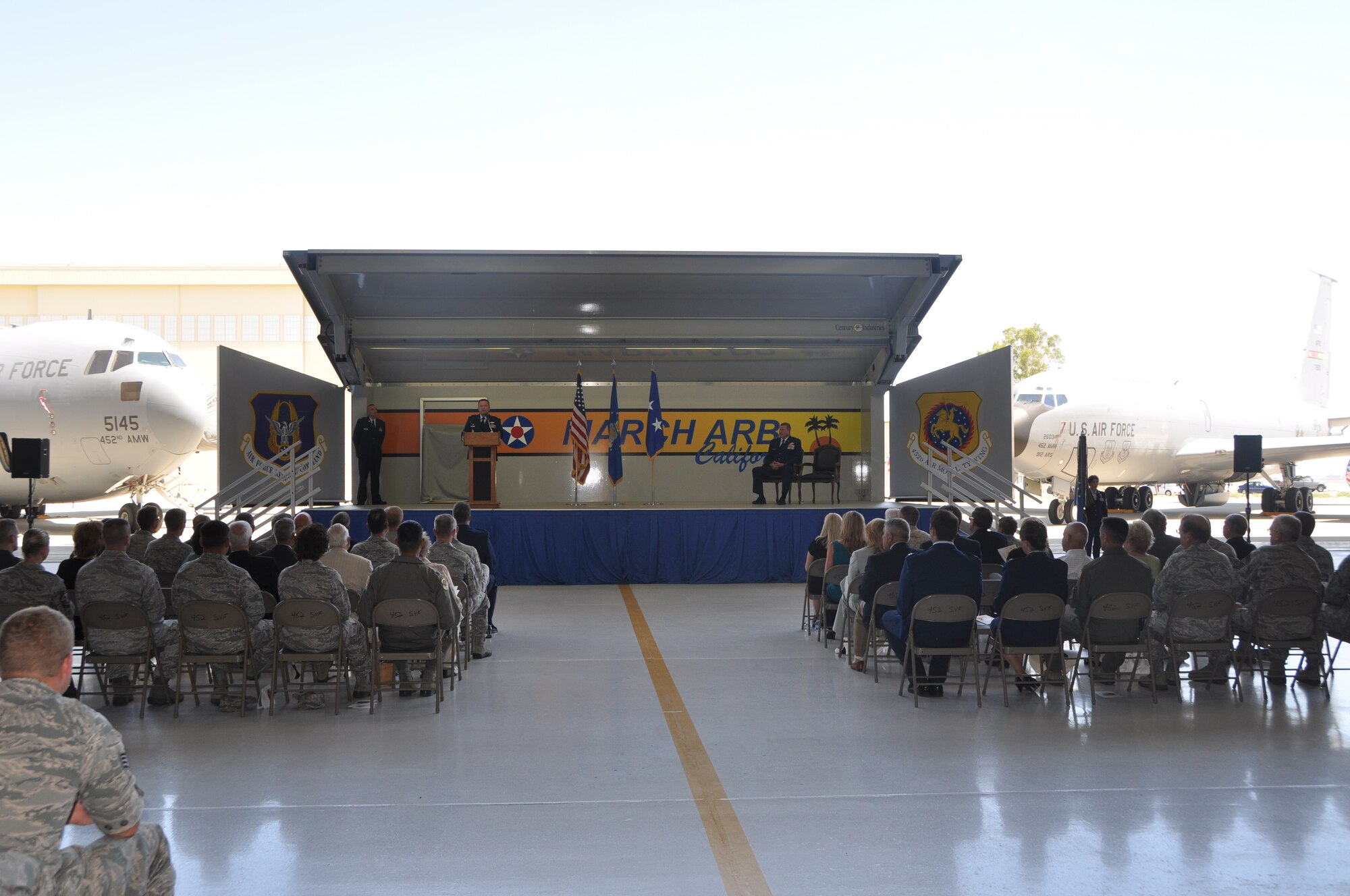 Col. Samuel C. Mahaney takes command of the 452nd Air Mobility Wing, March Air Reserve Base, Calif. from Major General Mark A. Kyle, commander, 4th Air Force on August 4. (U.S. Air Force photo by Senior Airman Isis Ponce)