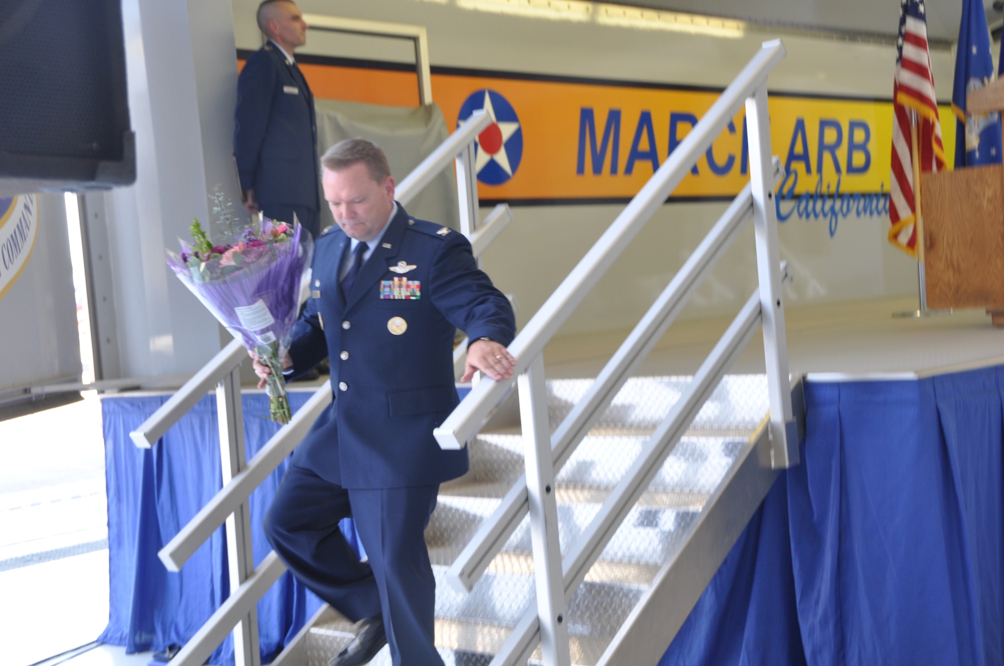 Col. Samuel C. Mahaney takes command of the 452nd Air Mobility Wing, March Air Reserve Base, Calif. from Major General Mark A. Kyle, commander, 4th Air Force on August 4. (U.S. Air Force photo by Senior Airman Isis Ponce)