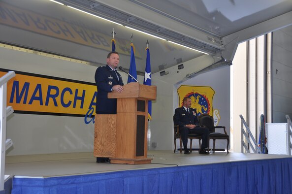 Col. Samuel C. Mahaney takes command of the 452nd Air Mobility Wing, March Air Reserve Base, Calif. from Major General Mark A. Kyle, commander, 4th Air Force on August 4. (U.S. Air Force photo by Senior Airman Isis Ponce)