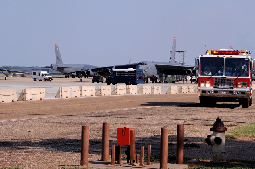 Airman 1st Class Xavier Bailey, 2nd Civil Engineer Squadron firefighter, drives a fire truck on the flightline on Barksdale Air Force Base, La., Aug. 14. This is part of Bailey's training to complete his 5-level and receive a fire truck driver's license. Bailey received a perfect score on his career development course end-of-course exam. (U.S. Air Force/photo Senior Airman La'Shanette V. Garrett)(RELEASED)