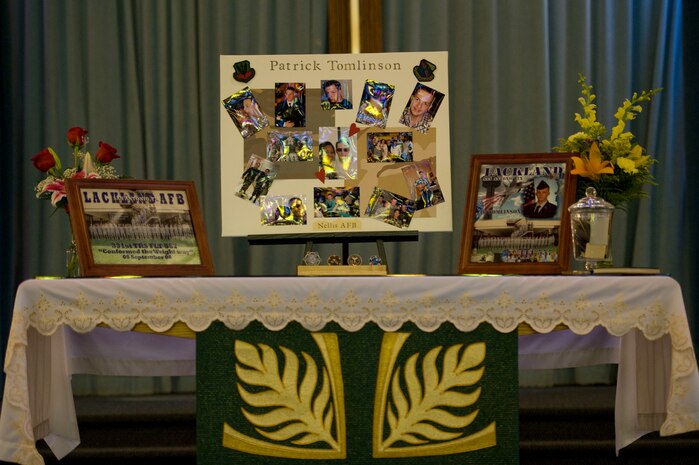 A memorial altar is displayed in memory of Airman Patrick Tomlinson, 99th Medical Support Squadron health services journeyman, during a memorial service Aug. 16, 2012, at Nellis Air Force Base, Nev. Tomlinson will be remembered for his creativiity, ability to repair just about anything, and his love of music. (U.S. Air Force photo by Airman 1st Class Christopher Tam)