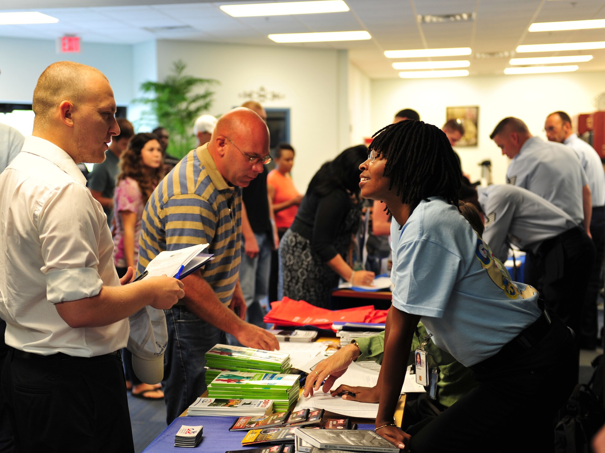 Jacqueline Green, veteran’s affair representative, speaks to members attending the Individual Ready Reserve (IRR) Muster about the benefits they offer at Moody Air Force Base, Ga., Aug. 18, 2012. Each Fiscal Year, Air Reserve Personnel Center identifies IRR members residing within a 150 mile radius of bases that have elected to host a Muster.  (U.S. Air Force photo by Staff Sgt. Stephanie Mancha/ Released)