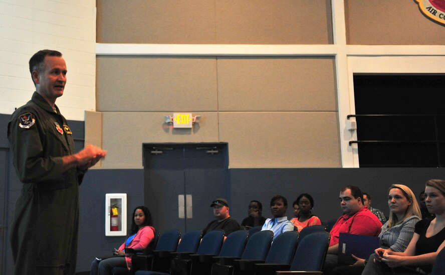 U.S. Air Force Col. Billy Thompson, 23d Wing commander, welcomes members to the 2012 Individual Ready Reserve (IRR) Muster at Moody Air Force Base, Ga., Aug. 18, 2012. IRR muster screenings are conducted annually at host installations to enhance the readiness and reporting of this vital Strategic Reserve asset. (U.S. Air Force photo by Staff Sgt. Stephanie Mancha/ Released)