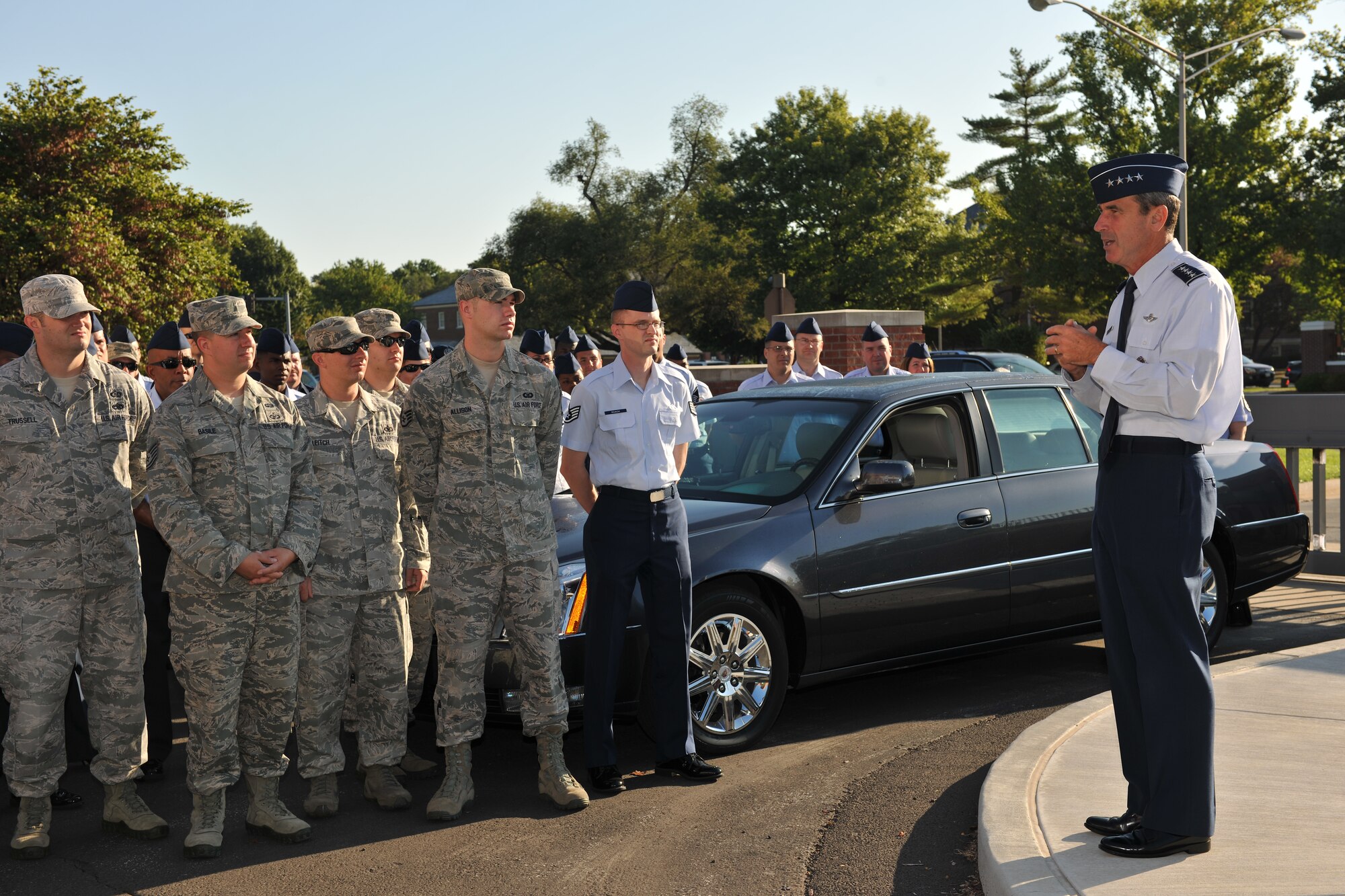 Gen. Raymond Johns, Air Mobility Command commander, addresses more than 250 Airmen from Scott Air Force Base, Ill., who were present for the announcement that Johns’ Order of the Sword nomination was approved Aug. 20, 2012. Johns’ focus on Airmen has benefited thousands of Airmen and their families with quality of life initiatives. (U.S. Air Force photo/Jennifer Geggus)