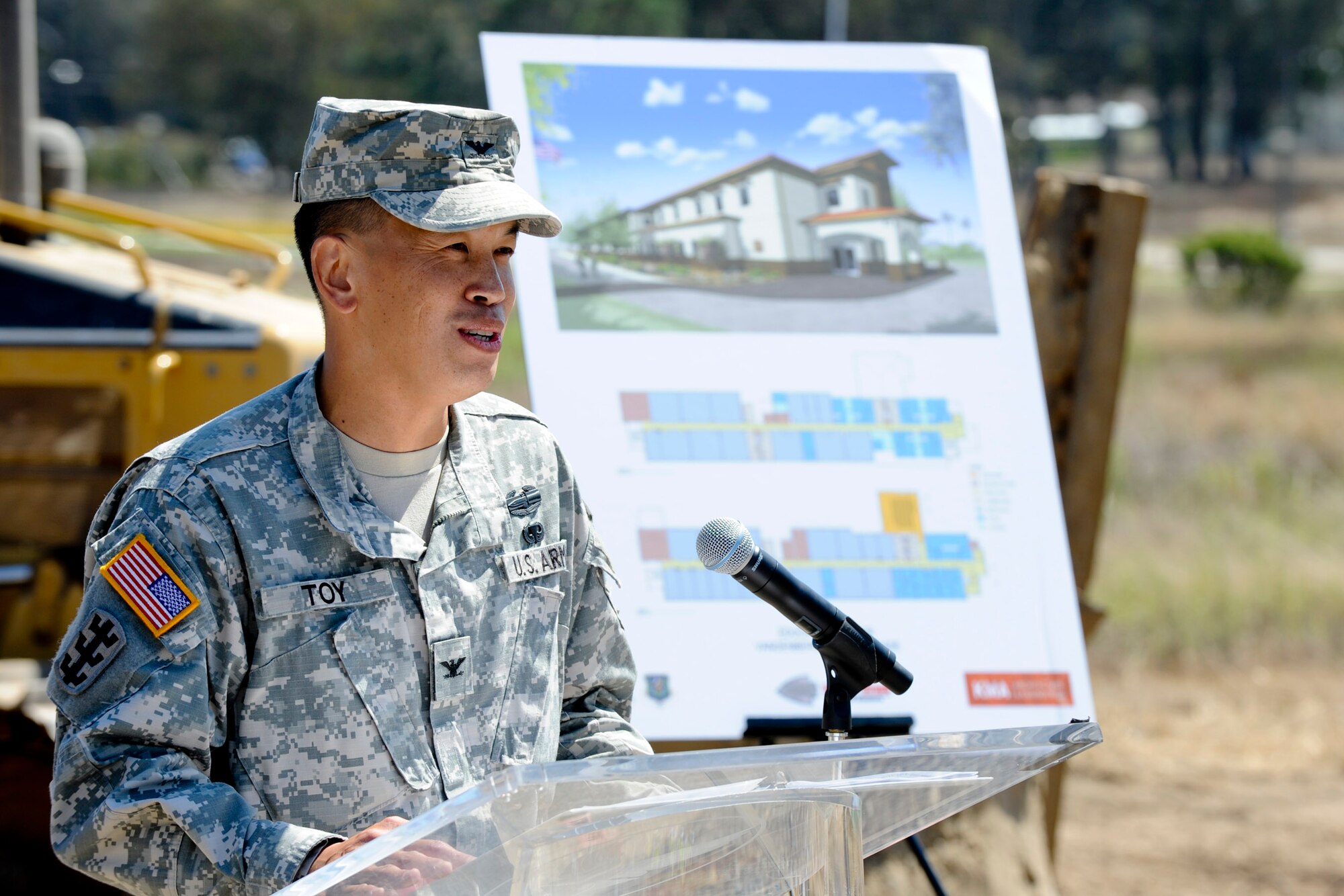 VANDENBERG AIR FORCE BASE, Calif. -- Army Col. R. Mark Toy, Army Corps of Engineers Los Angeles District commander, speaks to distinguished visitors before a ground breaking ceremony for the new education center here Thursday, August 16, 2012. The new 38,384 square foot facility will replace the current education center, which is more than 50 years old. (U.S. Air Force photo/Staff Sgt. Levi Riendeau)
