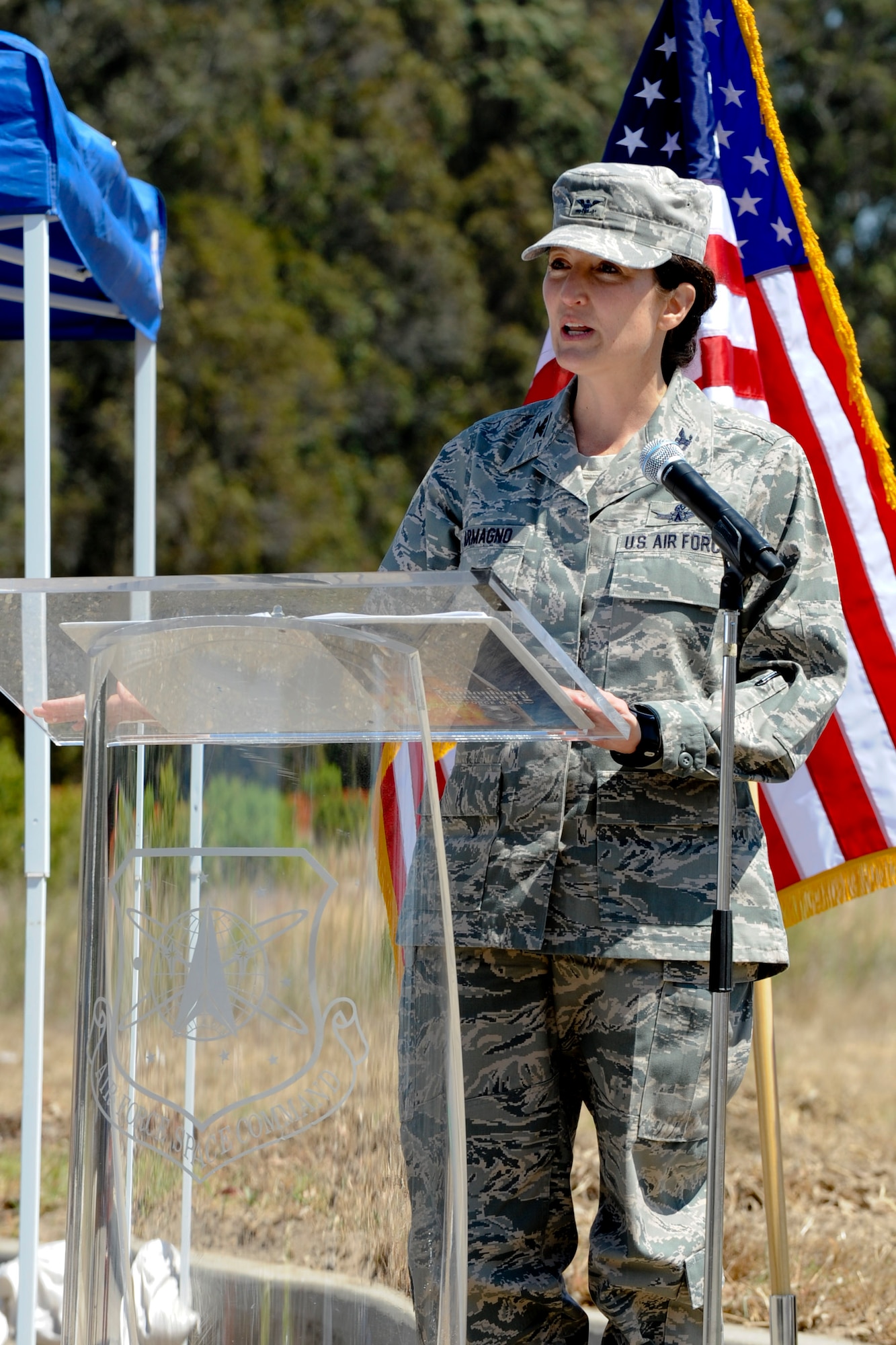 VANDENBERG AIR FORCE BASE, Calif. -- Col. Nina Armagno, the 30th Space Wing commander, speaks to distinguished visitors before ground breaking ceremony for the new education center here Thursday, August 16, 2012. The new 38,384 square foot facility will replace the current education center, which is more than 50 years old. (U.S. Air Force photo/Staff Sgt. Levi Riendeau)
