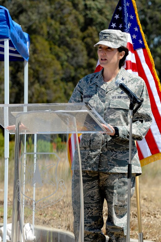 VANDENBERG AIR FORCE BASE, Calif. -- Col. Nina Armagno, the 30th Space Wing commander, speaks to distinguished visitors before ground breaking ceremony for the new education center here Thursday, August 16, 2012. The new 38,384 square foot facility will replace the current education center, which is more than 50 years old. (U.S. Air Force photo/Staff Sgt. Levi Riendeau)