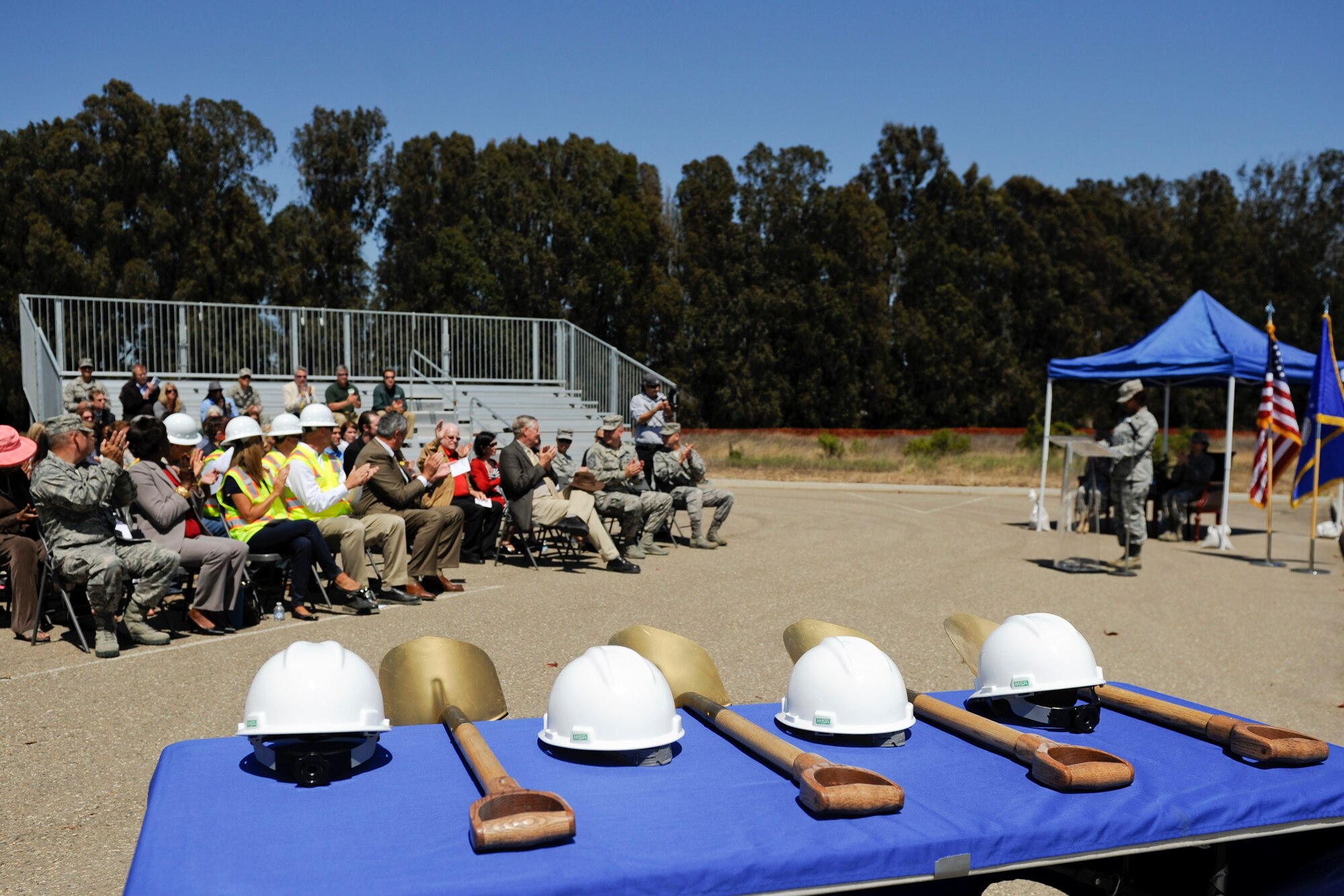 VANDENBERG AIR FORCE BASE, Calif. -- Distinguished visitors wait for ground breaking ceremony for the new education center here Thursday, August 16, 2012. The new 38,384 square foot facility will replace the current education center, which is more than 50 years old. (U.S. Air Force photo/Staff Sgt. Levi Riendeau)
