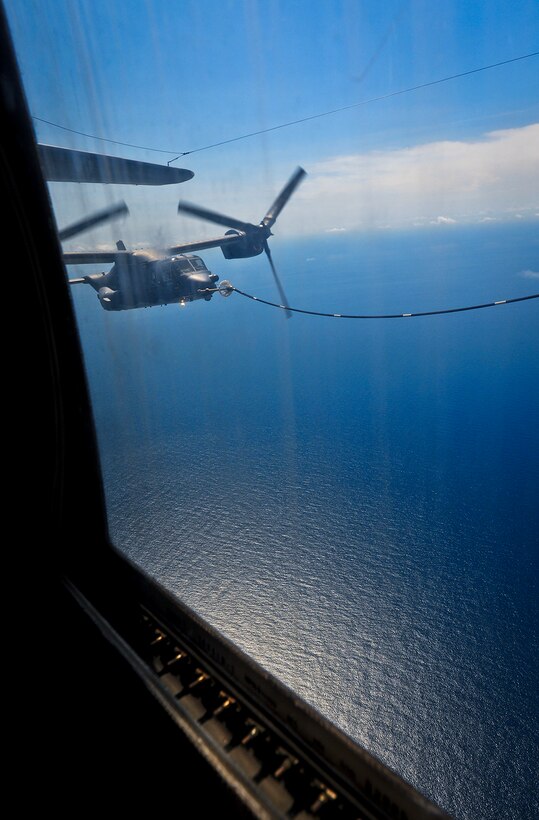A CV-22 Osprey takes on fuel from a 919th Special Operations Wing MC-130 Combat Talon I over the Gulf of Mexico. The 919th, headquartered at Duke Field, is the only wing in the Air Force that still flies the Talon I.  Over the next several years, the Talons will be phased out of the 919th as it moves to an Aviation Foreign Internal Defense mission.  (U.S. Air Force photo/Tech. Sgt. Samuel King Jr.)