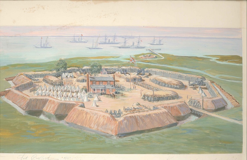 Fort Crafford along the James River, as depicted in this Sidney King painting. Toward the top portion of the fort nearest the river, the battery depicted represents the supposed location of the Mulberry Island Point Battery, which has yet to be discovered by historians and archaeologists. Together, Fort Crafford and the Mulberry Island Point Battery defended against Union forces making a land-based or naval offensive on the Peninsula on their way toward the Confederate capital of Richmond, 50 miles to the northwest. (Image courtesy of Christopher McDaid)