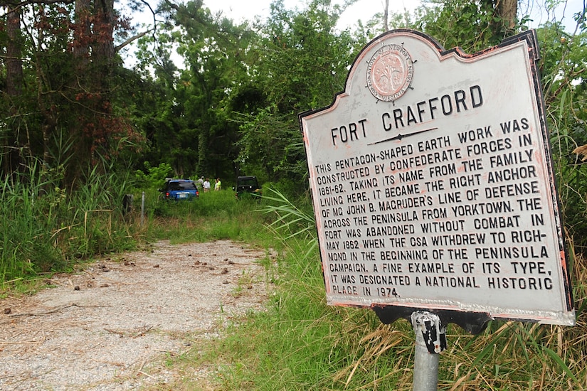Fort Crafford, formally the home of the Crafford family during the Civil War, is now a preserved war fortification at Fort Eustis, Va., Aug. 10, 2012. Estimated to have been built between 1730 and 1750, Confederate State Army troops occupied the land around the family farm in 1861. After they left, the home was still occupied until it was sold in 1918 to the government for the establishment of Camp Eustis. (U.S. Air Force photo by Staff Sgt. Ashley Hawkins/Released)
