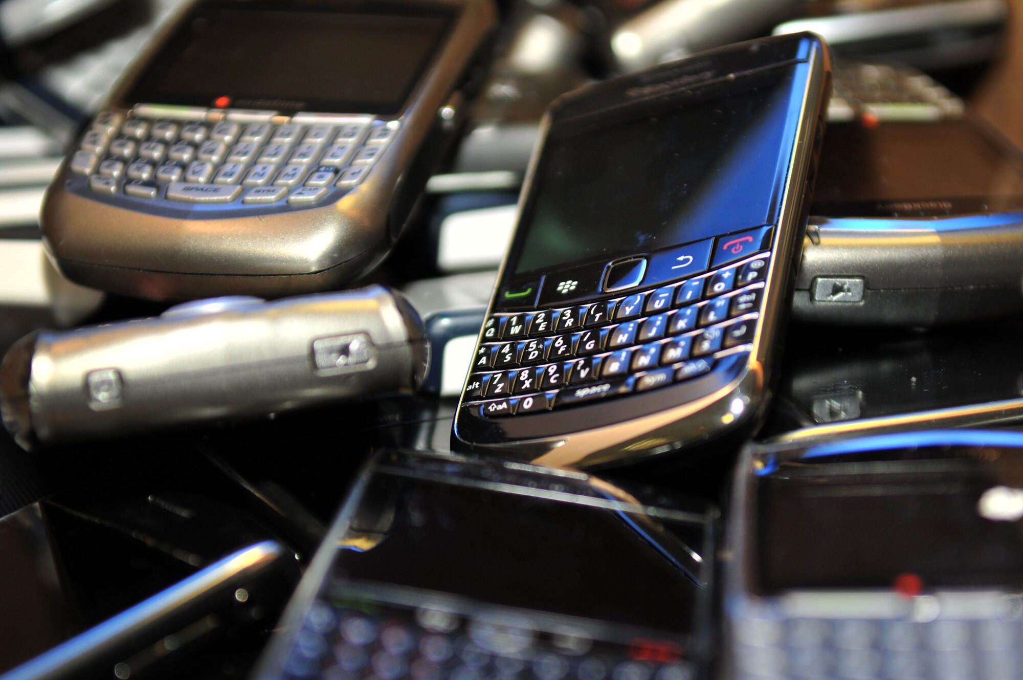 RAF MILDENHALL, England – Duty cellphones wait to be serviced by Airmen of the 100th Communications Squadron Aug. 17, 2012, in Bldg. 568. The client service center team acts as a focal point for all base communications. (U.S. Air Force photo/Airman 1st Class Kelsey Waters)