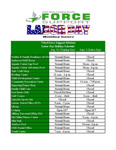 Many of the 733rd Force Support Division facilities will be closed or have reduced hours over the Labor Day weekend. For a full list of times, please refer to the attached image or link.. For more information, please call 878-1212. (Courtesy graphic) 
