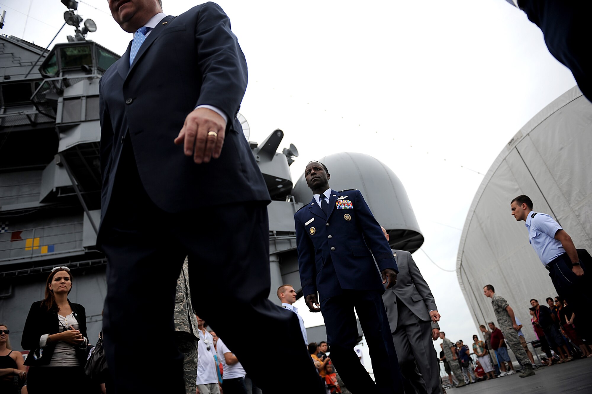 Gen. Edward A. Rice, alongside Secretary of the Air Force Michael Donley, walk out for the opening ceremony of Air Force Week 2012 in New York City on Aug. 19. (U.S. Air Force photo/Master Sgt. Jeremy Lock) 
