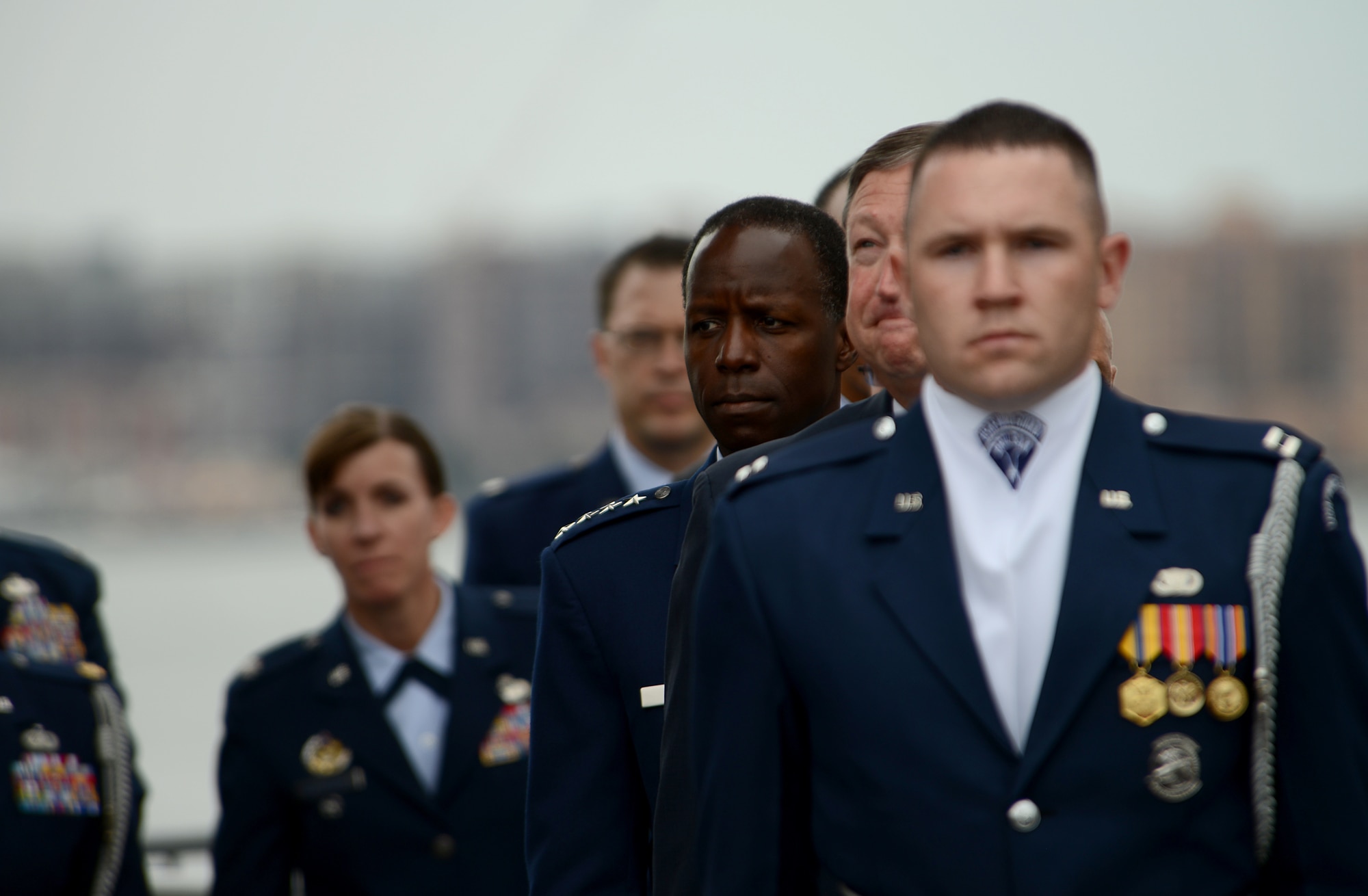 Gen. Edward A. Rice, center, alongside Secretary of the Air Force Michael Donley, prepare to walk out for the opening ceremony of Air Force Week 2012 in New York City on Aug. 19. (U.S. Air Force photo/Master Sgt. Jeremy Lock) 
