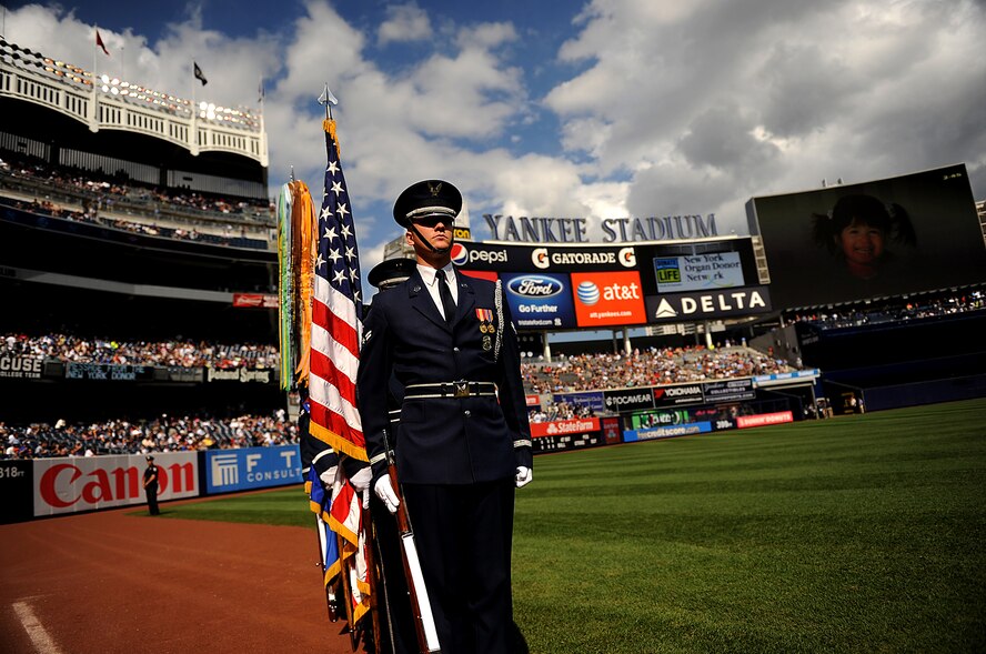 The U.S. Air Force Color Guard prepares to post colors at Yankee Stadium before the Yankees vs. Red Socks game during Air Force Week 2012 in New York City on Aug. 18, 2012. (U.S. Air Force photo/Master Sgt. Jeremy Lock) 
