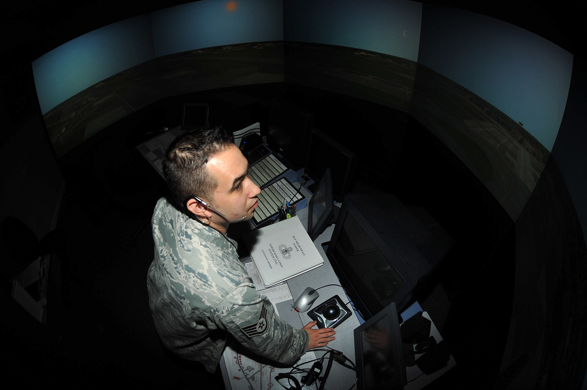 RAF MILDENHALL, England – Staff Sgt. Eric J. Beck, 100th Operations Support Squadron, trains in an air traffic control tower simulator Aug. 16, 2012. (U.S. Air Force photo/Senior Airman Jerilyn Quintanilla)