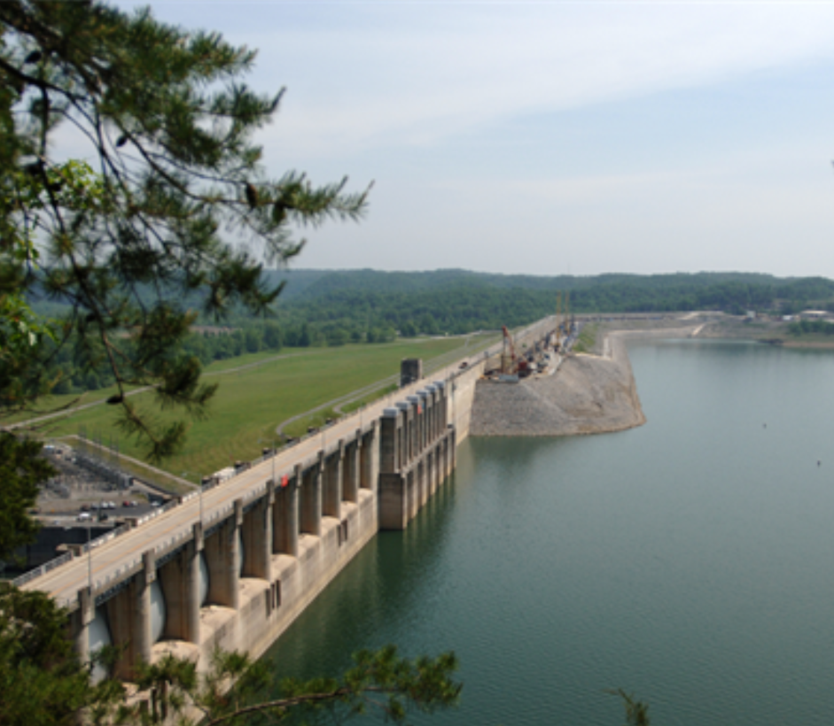 JAMESTOWN, Ky. — The work platform for the U.S. Army Corps of Engineers Nashville District Foundation Remediation Project can be seen on the embankment of Wolf Creek Dam May 1, 2012. The contractor, Treviicos-Soletanche J.V., reached one million hours without a lost-time accident Aug. 17, 2012, an amazing safety record that has helped keep the project on schedule for completion in December 2013. (Photo by Lee Roberts)