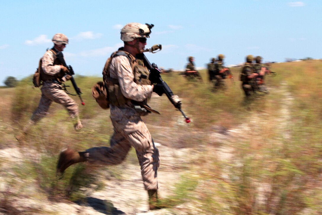 U.S. and Romanian troops run across a field during a beach assault on Capu Midia, Romania, Aug. 14, 2012.