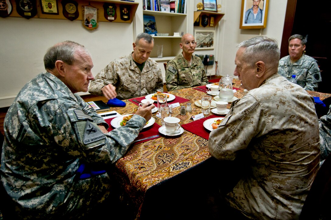 U.S. Army Gen. Martin E. Dempsey, chairman of the Joint Chiefs of Staff, U.S. Marine Corps Gen. James N. Mattis, right, commander of U.S. Central Command, and U.S. Marine Gen. John R. Allen, center, commander of U.S. and international forces in Afghanistan, meet at the International Security Assistance Force headquarters in Kabul, Afghanistan, Aug. 20, 2012.