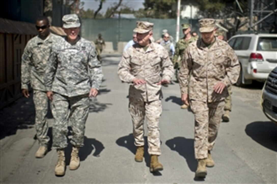 U.S. Army Gen. Martin E. Dempsey, chairman of the Joint Chiefs of Staff, U.S. Marine Corps Gen. James N. Mattis, commander of U.S. Central Command, and U.S. Marine Corps Gen. John R. Allen, commander of U.S. and international forces in Afghanistan, talk in Kabul, Afghanistan, Aug. 20, 2012.