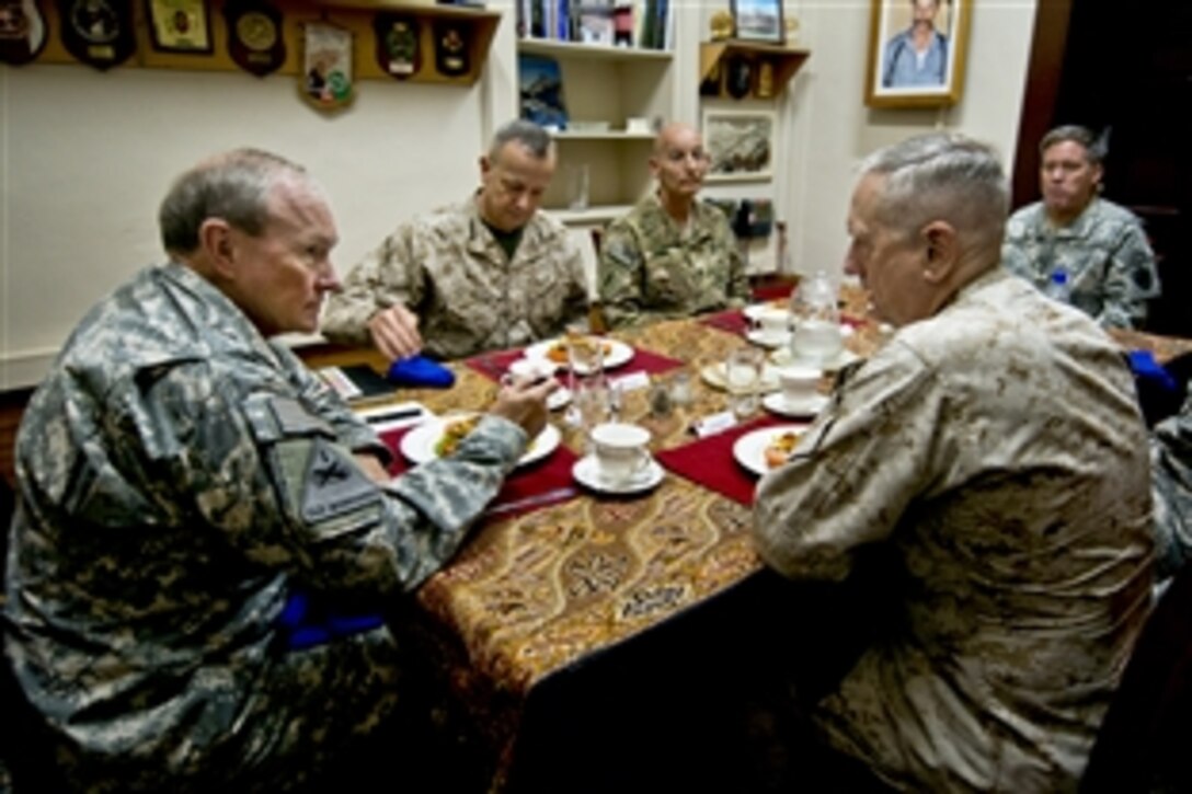U.S. Army Gen. Martin E. Dempsey, chairman of the Joint Chiefs of Staff, U.S. Marine Corps Gen. James N. Mattis, right, commander of U.S. Central Command, and U.S. Marine Gen. John R. Allen, center, commander of U.S. and international forces in Afghanistan, meet at the International Security Assistance Force headquarters in Kabul, Afghanistan, Aug. 20, 2012.