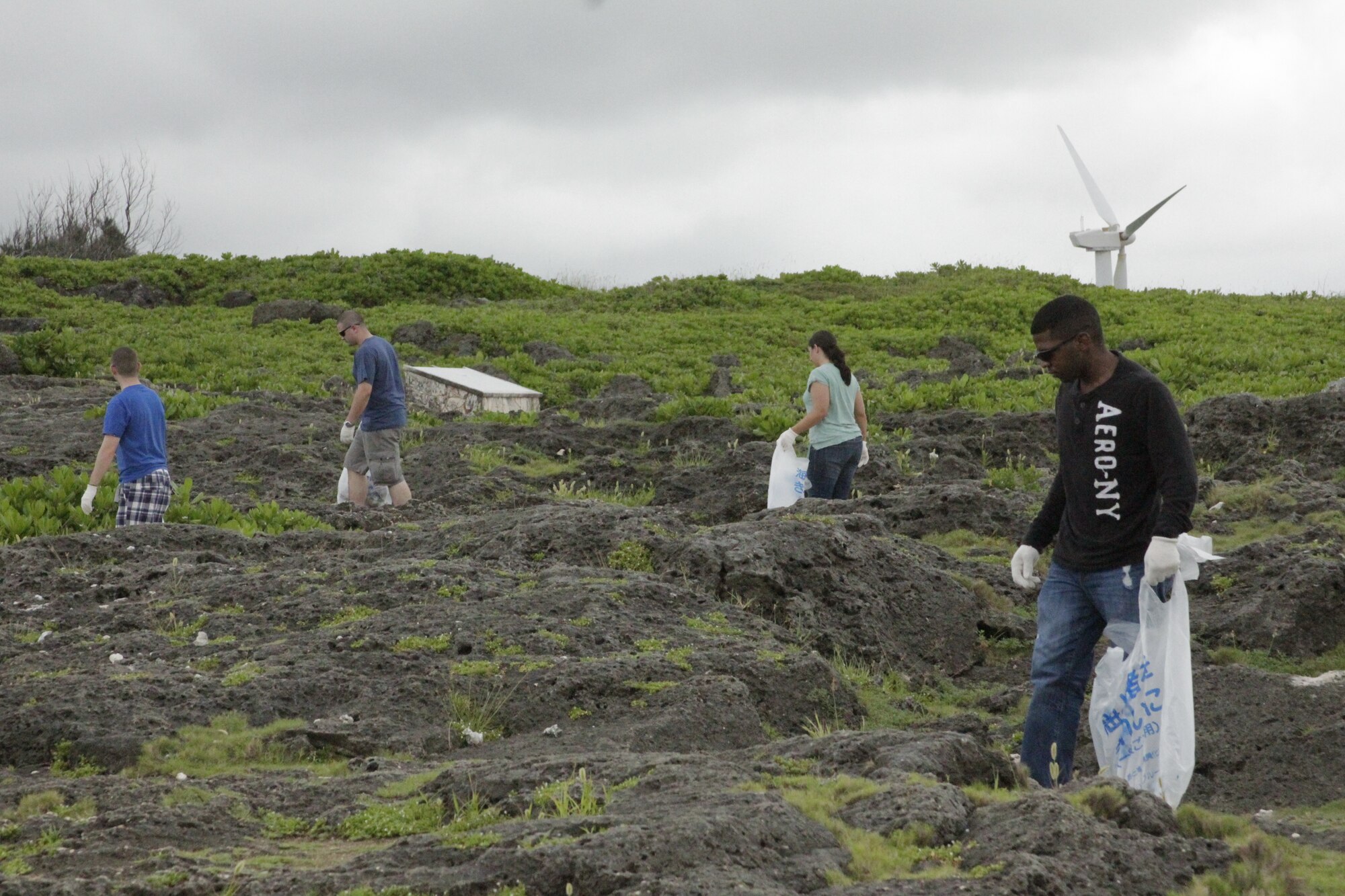 Airmen from the Kadena Air Force Sergeants Association, Chapter 1553, scour the beach looking for trash at Cape Zanpa Park, Okinawa, Aug. 3, 2012. Together, the 20 Airmen collected a total of 30 bags of trash consisting of bottles, cans and other combustible and non-combustible items. (Courtesy photo)