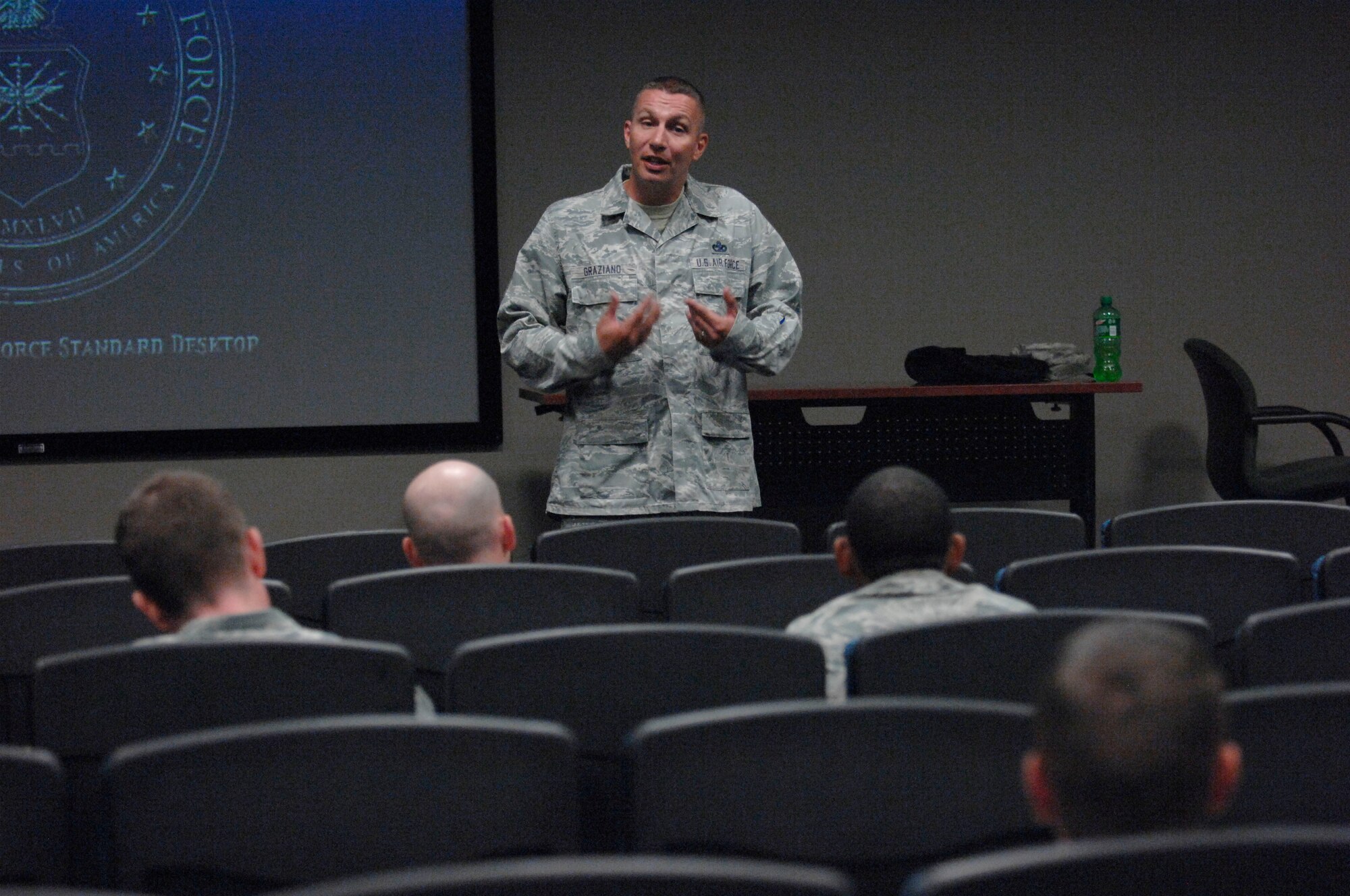 Senior Master Sgt. Frank Graziano, 20th Logistics Readiness Squadron superintendent of deployment and distribution and a native of Fowler, Ohio, teaches a class titled “How Senior NCOs are Promoted to Senior Master Sergeant and Chief Master Sergeant” at Shaw Air Force Base, S.C., Aug. 17, 2012. Graziano showed the participants an official video about the process of how people are promoted and explained what the promotion board was. He then gave tips like checking your records to make sure they are accurate and creating a positive reputation with your peers. (U.S. Air Force photo by Airman 1st Class Krystal Jeffers/Released)