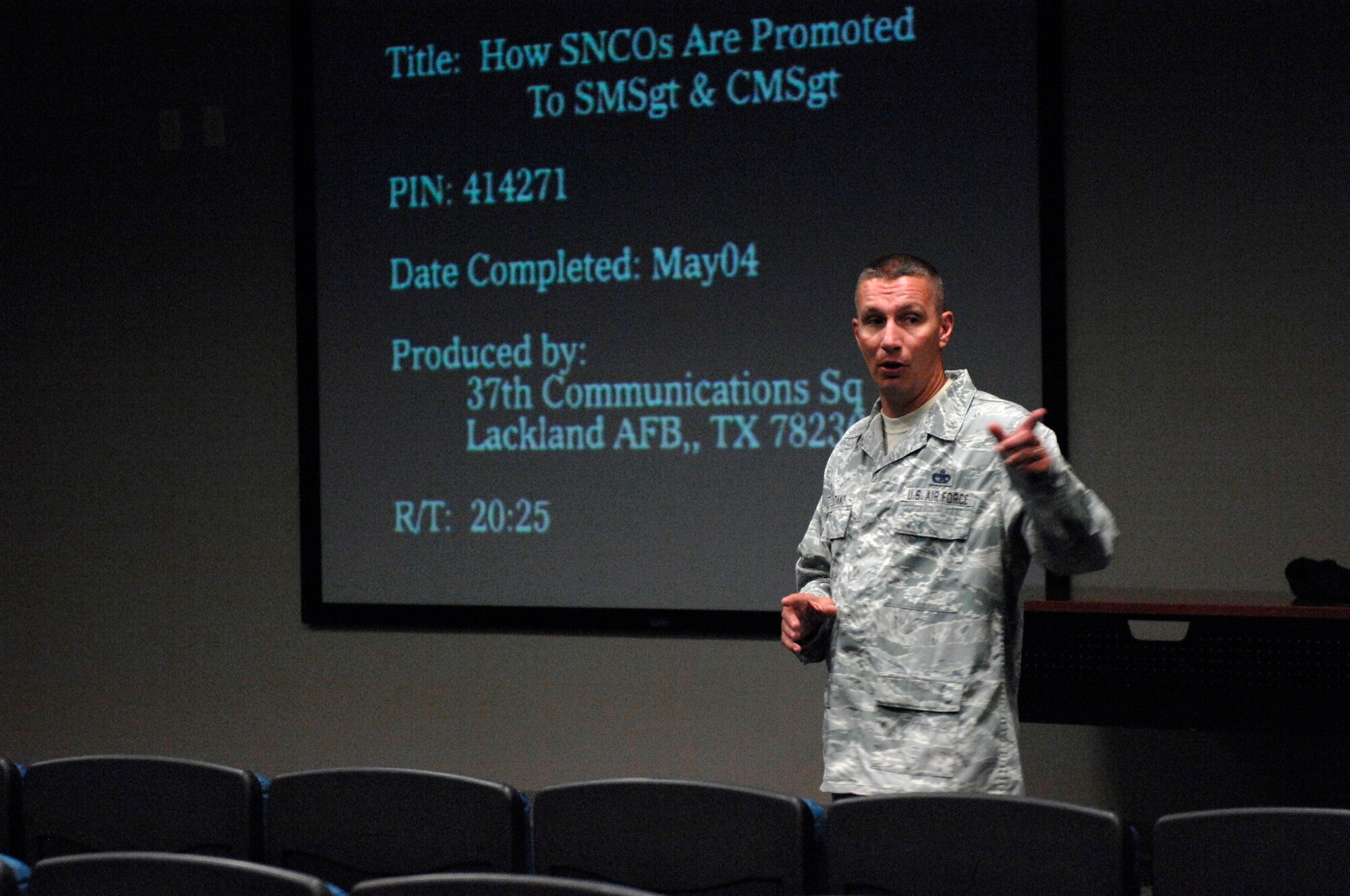 Senior Master Sgt. Frank Graziano, 20th Logistics Readiness Squadron superintendent of deployment and distribution and a native of Fowler, Ohio, teaches a class called “How Senior NCOs are Promoted to Senior Master Sergeant and Chief Master Sergeant” at Shaw Air Force Base, S.C., Aug. 17, 2012. Graziano showed the participants an official video about the process of how people are promoted and explained what the promotion board was. He then gave tips like checking your records to make sure they are accurate and creating a positive reputation with your peers. (U.S. Air Force photo by Airman 1st Class Krystal Jeffers/Released)