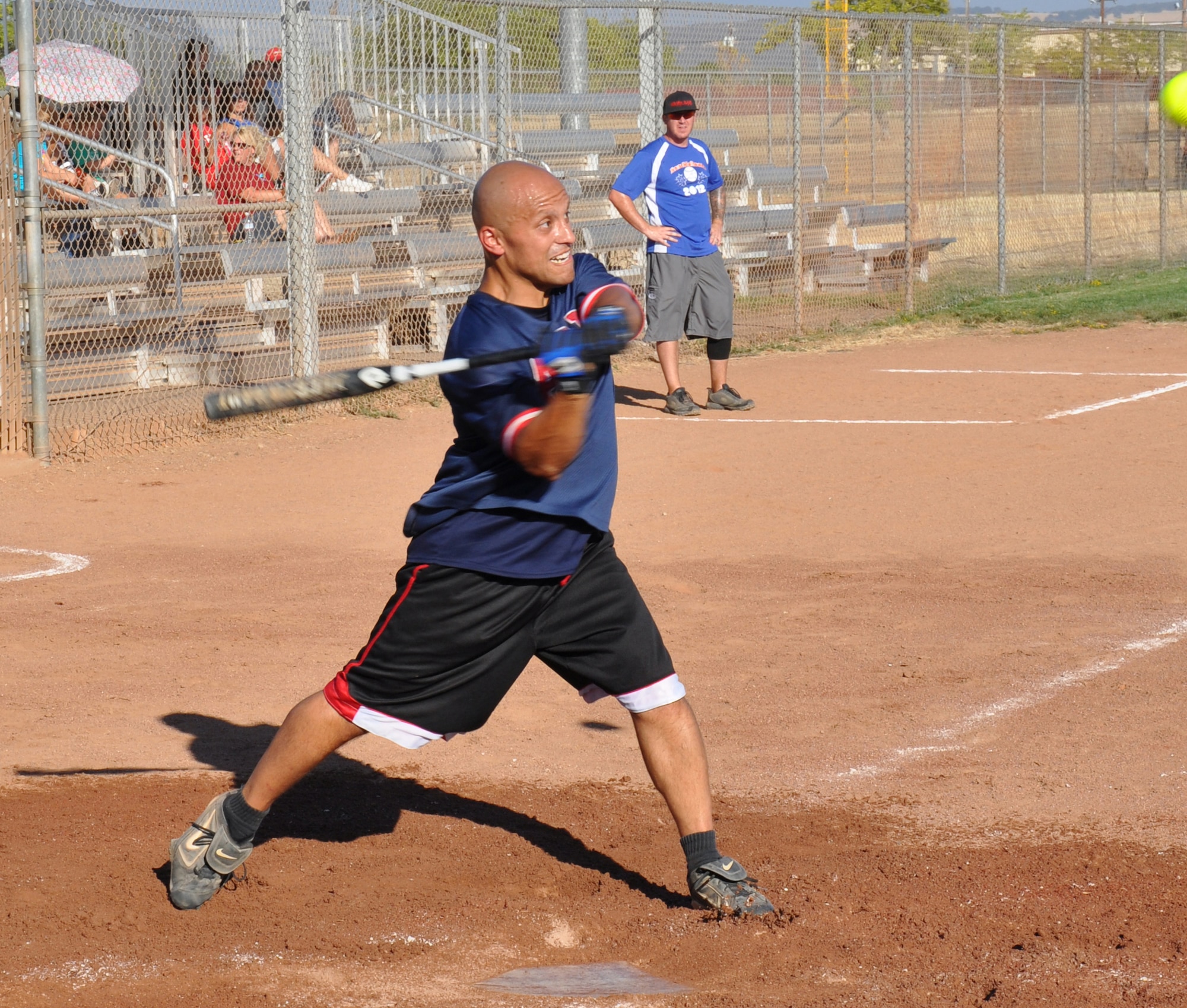 Staff Sgt. Erick Bran, 9th Maintenance Squadron, swings at a pitch during Beale’s Intramural Softball Championships at Beale Air Force Base, Calif., Aug. 16, 2012. The 9th MXS defeated 9th Munitions Squadron with a 10-9 victory. (U.S Air Force photo by Staff Sgt. Robert M. Trujillo)