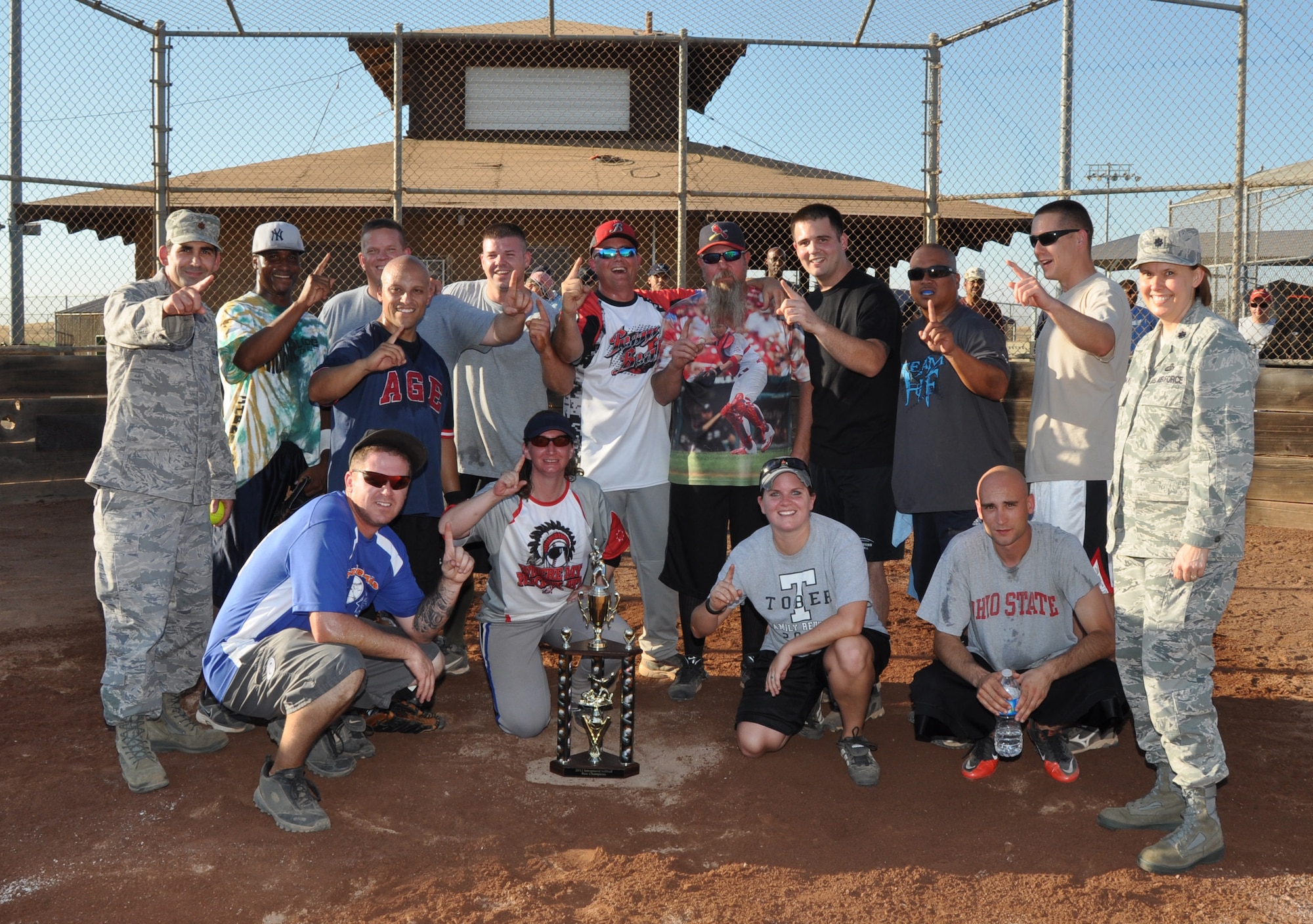 The 9th Maintenance Squadron Intramural Softball Team poses for a picture at the conclusion of Beale’s Intramural Softball Championships at Beale Air Force Base, Calif., Aug. 16, 2012. The 9th MXS defeated the 9th Munitions Squadron with a 10-9 victory. (U.S Air Force photo by Staff Sgt. Robert M. Trujillo)