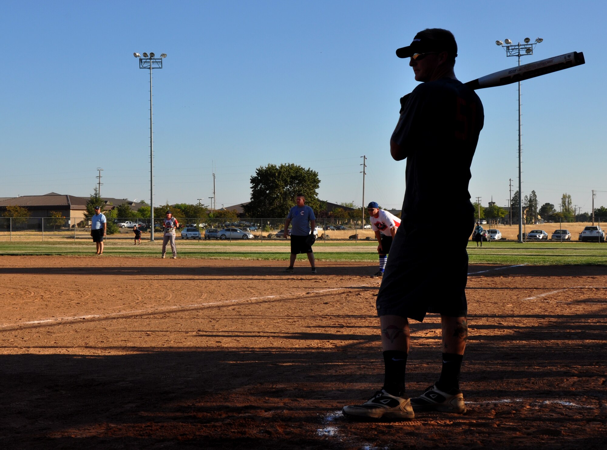 Staff Sgt. Blake Anderson, 9th Munitions Squadron, waits in the on deck circle during Beale’s Intramural Softball Championships at Beale Air Force Base, Calif., Aug. 16, 2012. The 9th MUNS was defeated by the 9th Maintenance Squadron with a 9-10 loss. (U.S Air Force photo by Staff Sgt. Robert M. Trujillo)     