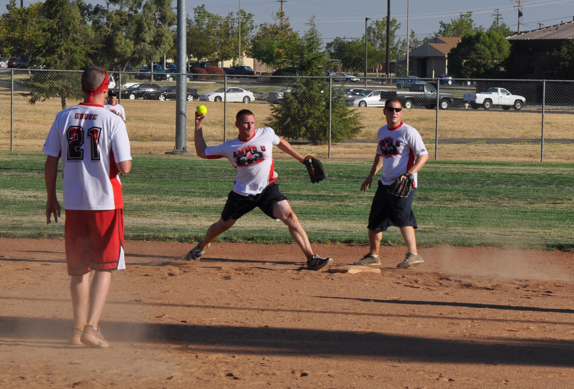 Master Sgt. Nicholas Sady, 9th Munitions Squadron, attempts a double play during Beale’s Intramural Softball Championships at Beale Air Force Base, Calif., Aug. 16, 2012. The 9th MUNS was defeated by the 9th Maintenance Squadron with a 9-10 loss. (U.S Air Force photo by Staff Sgt. Robert M. Trujillo)     