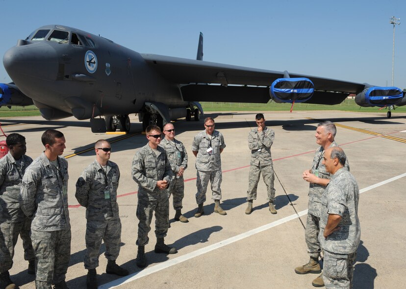 Col. Stephen Petters, back right, 2nd Maintenance Group commander, and Col. Paul Fortunato, front right, 2nd Medical Group commander, give words of wisdom to the coaches and members of the crew chief team as they prepare for the 2012 Global Strike Challenge on Barksdale Air Force Base, La., Aug. 20. The team consists of two main competitors, three alternates and two coaches. (U.S. Air Force photo/Airman 1st Class Benjamin Gonsier)(RELEASED)