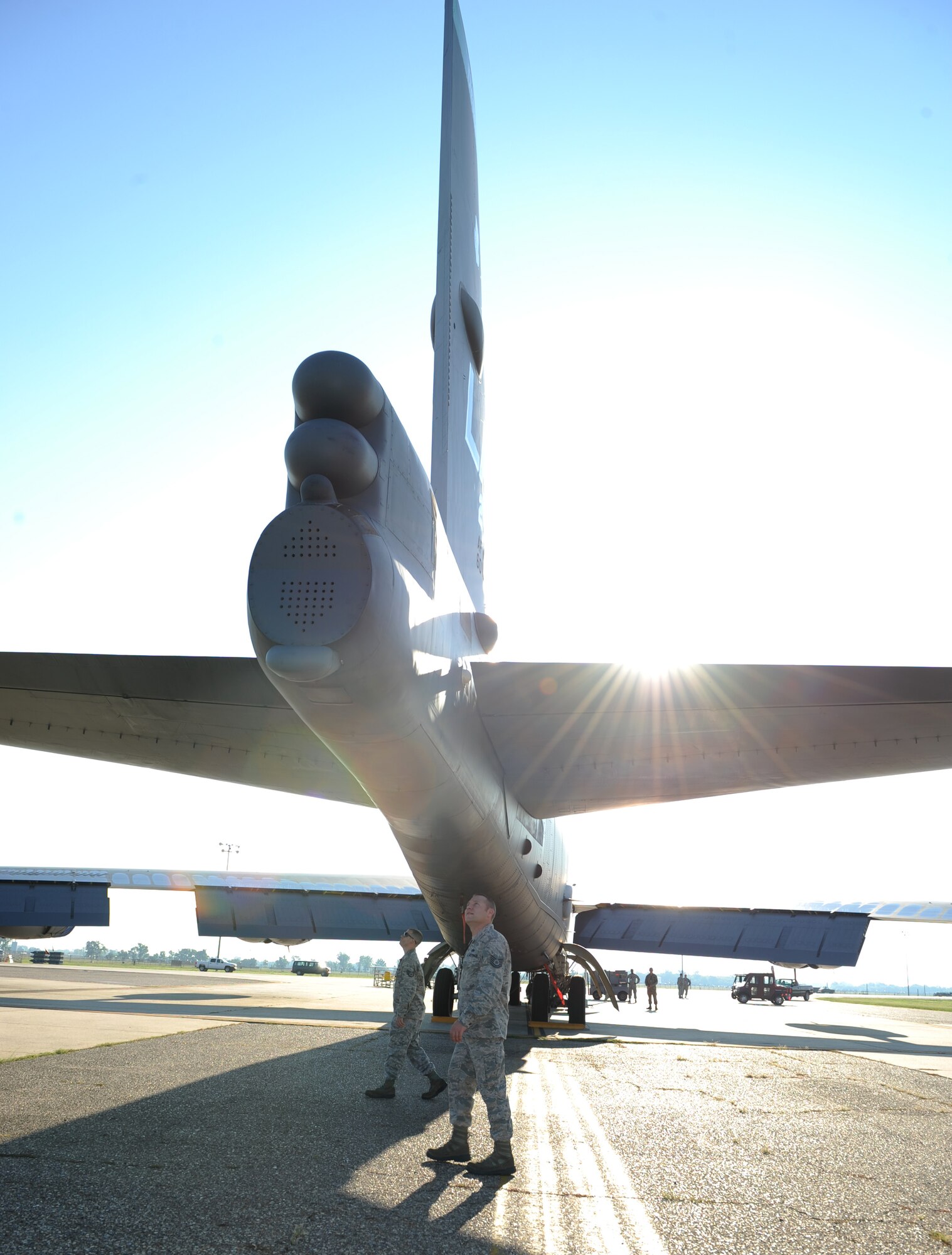 Tech. Sgt. Michael Bayne, 2nd Aircraft Maintenance Squadron crew chief, inspects the tail of a B-52H Stratofortress bomber during a dry run in preparation of the 2012 Global Strike Challenge on Barksdale Air Force Base, La., Aug. 20. The Global Strike Challenge is a command-wide competition designed to enhance readiness, teamwork, esprit de corps, mission pride and a competitive spirit amongst its competitors. (U.S. Air Force photo/Airman 1st Class Benjamin Gonsier)(RELEASED)