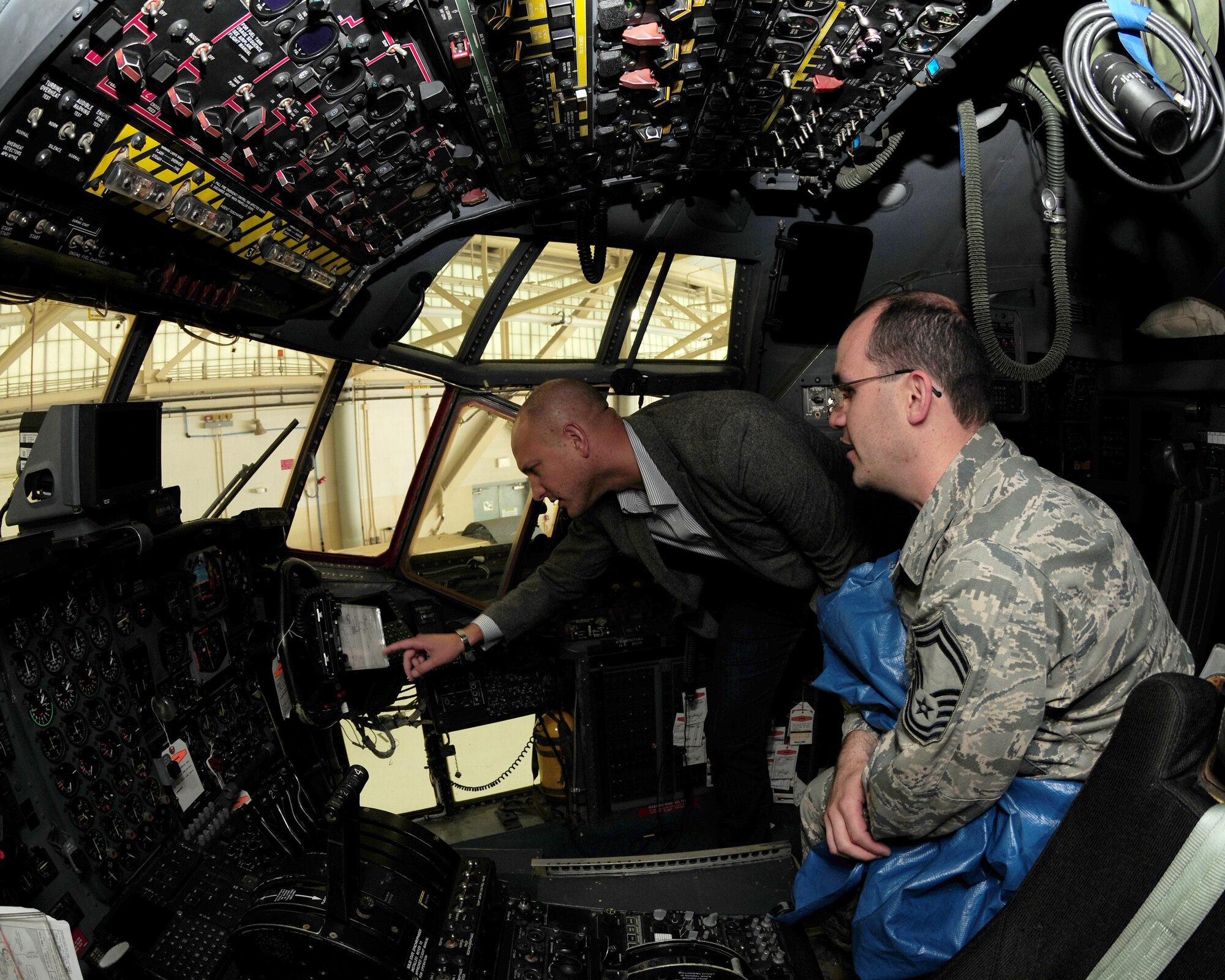 Mr. Tyler Stapleton, legislative assistant to Congressman Brian Higgins (NY- 27th district) receives a briefing of the capabilities of a C-130 H2 aircraft from Senior Master Sgt. Patrick Martin, 914th Maintenance Squadron Flight Chief at the Niagara Falls Air Reserve Station on August 21, 2012. (U.S. Air Force Reserve photo by Peter Borys)