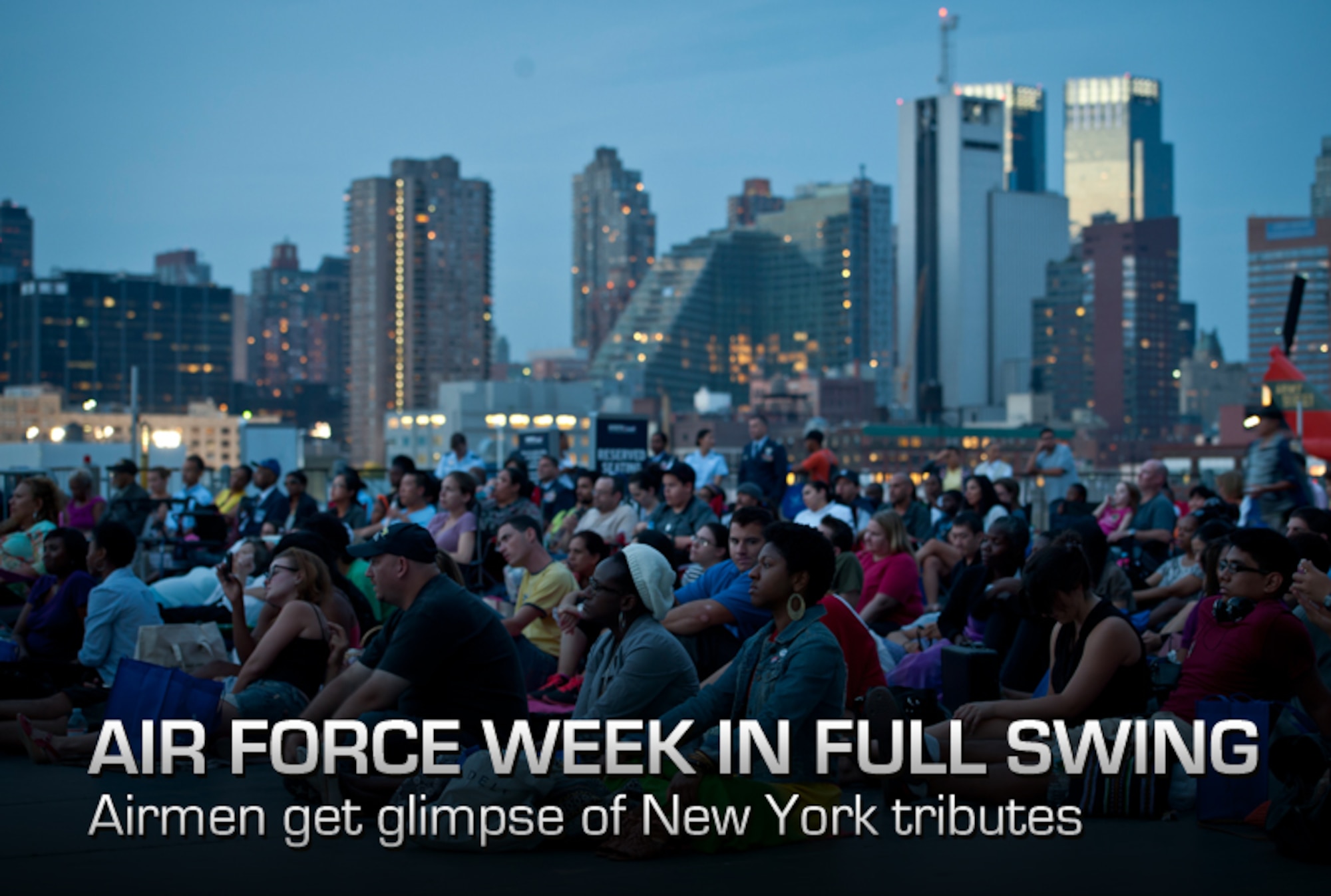 United States Air Force officials, local residents and tourists wait for the movie, Red Tails, to play at Pier 86 during 2012 Air Force Week in New York City, on August 20, 2012. The movie represented Tuskegee Airman missions in World War II. More than five Tuskegee Airman were present for the event. (U.S. Air Force photo/Senior Airman Andrew Lee)