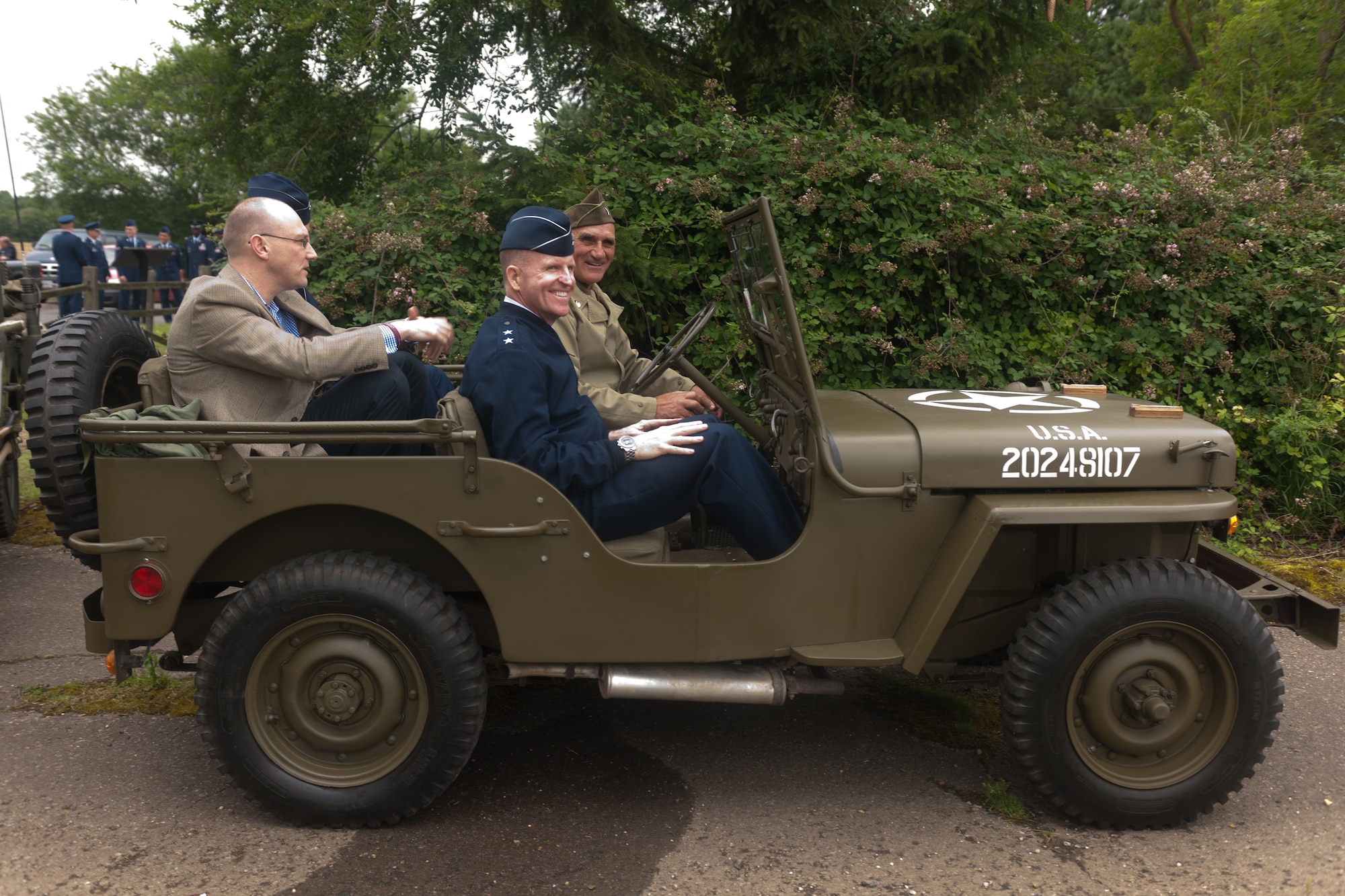 GRAFTON UNDERWOOD, United Kingdom – Maj. Gen. Stephen Wilson, Eighth Air Force commander, prepares to tour Grafton Underwood after a memorial service was held near old Eighth Air Force airfield Aug. 17. The day marked the 70th anniversary of the first Eighth Air Force bombers, from the 97th Bombardment Group (Heavy), participating in World War II which launched from Grafton Underwood. Col. Frank Armstrong, 97th BG commander, and the 340th Bomb Squadron commander Maj. Paul Tibbets (who later flew the Enola Gay to Hiroshima, Japan, on the first atomic bomb mission) piloted the lead aircraft of the group, Butcher Shop. In the leading aircraft of the second flight, Yankee Doodle, flew Gen. Ira C. Eaker, the commanding general of the VIII Bomber Command. (U.S. Air Force photo by Staff Sgt. Brian Stives)