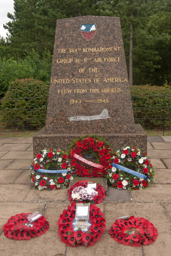 GRAFTON UNDERWOOD, United Kingdom – A memorial sits near Grafton Underwood Airfield. The memorial honors the Eighth Air Force Airmen stationed at Grafton Underwood during World War II. Maj. Gen. Stephen Wilson, Eighth Air Force commander, visited the memorial Aug. 17. The day marked the 70th anniversary of the first Eighth Air Force bombers, from the 97th Bombardment Group (Heavy), participating in World War II which launched from Grafton Underwood. Col. Frank Armstrong, 97th BG commander, and the 340th Bomb Squadron commander Maj. Paul Tibbets (who later flew the Enola Gay to Hiroshima, Japan, on the first atomic bomb mission) piloted the lead aircraft of the group, Butcher Shop. In the leading aircraft of the second flight, Yankee Doodle, flew Gen. Ira C. Eaker, the commanding general of the VIII Bomber Command. (U.S. Air Force photo by Staff Sgt. Brian Stives)
