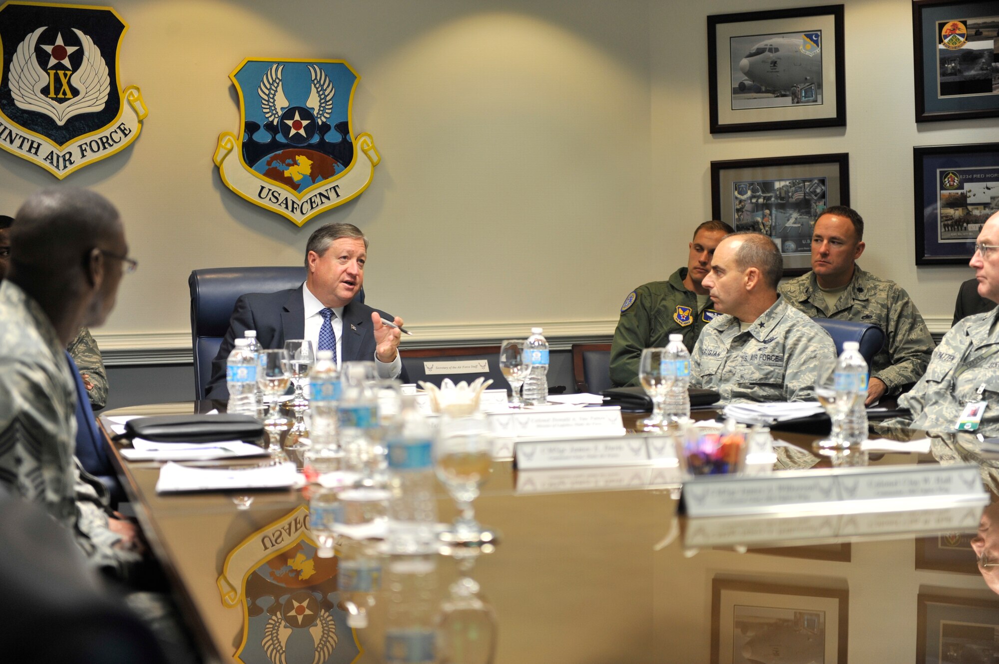 Secretary of the Air Force Michael Donley, asks a question during a 
9th Air Force briefing, which he received shortly upon his arrival to Shaw Air Force Base, S.C., Aug. 16, 2012. (U.S. Air Force photo by Staff Sgt. Ave Young/Released)
