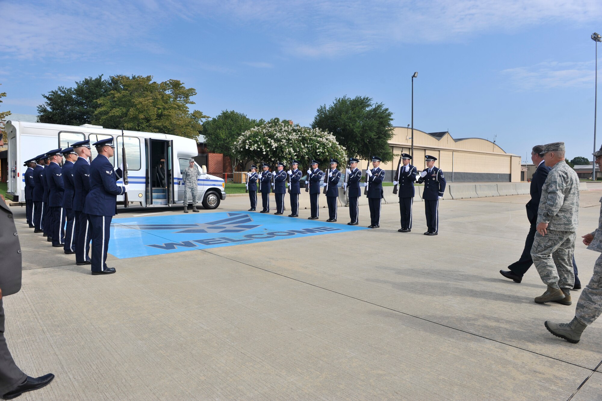 Secretary of the Air Force Michael Donley makes his way to the surrey upon his arrival to Shaw Air Force Base, S.C., Aug. 16, 2012.  Donley took the time to meet with as many Airmen as possible and held an all call as well.(U.S. Air Force photo by Staff Sgt. Ave Young/Released)
