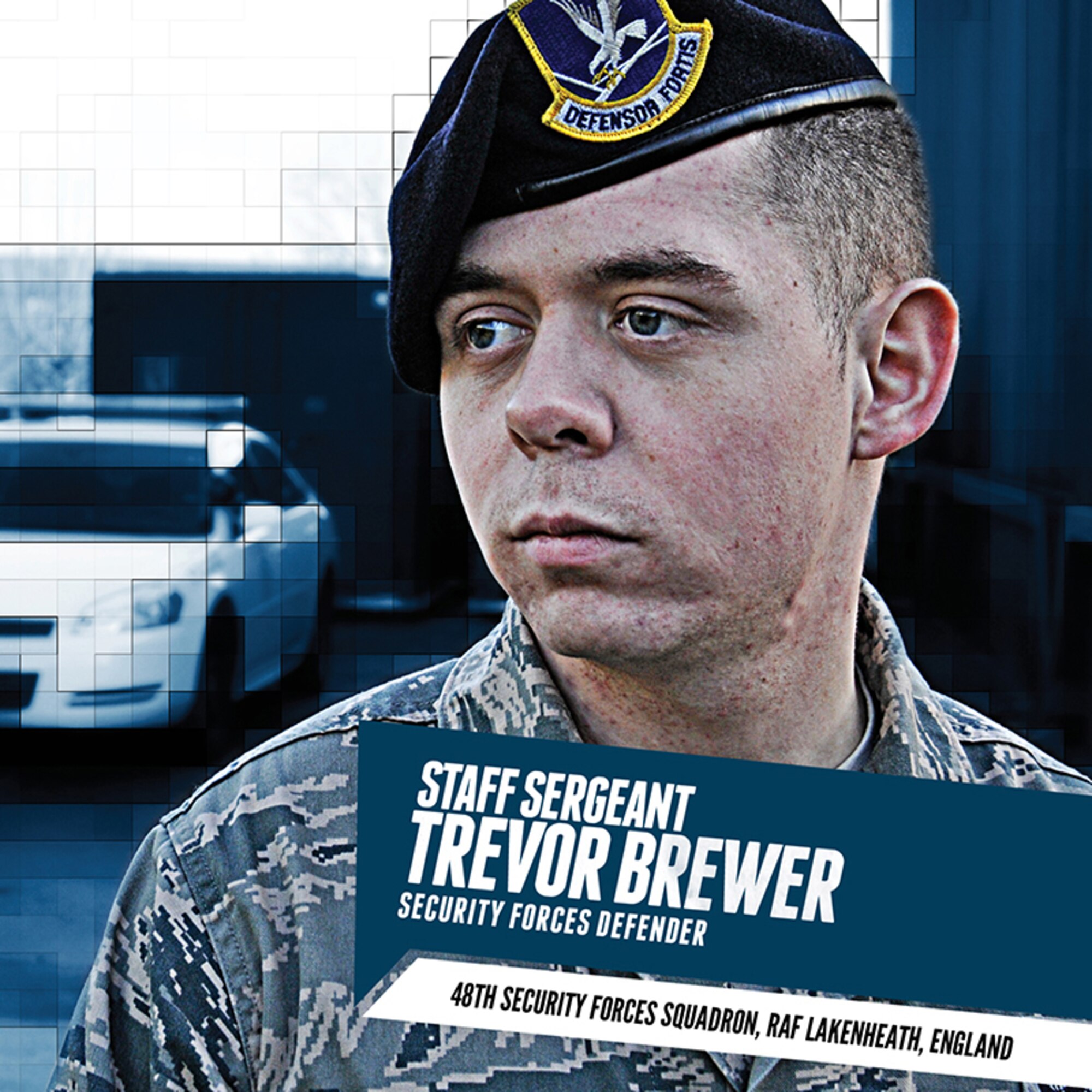 ROYAL AIR FORCE LAKENHEATH, England -- Staff Sgt. Trevor Brewer is one of 20 Airmen profiled in the 2012 edition of "Portraits in Courage" highlighting cases of courage and bravery. Brewer, a member to the 48th Security Forces Squadron, was on a bus with 14 other security forces Airmen in Frankfurt, Germany, when a gunman boarded the bus and began shooting. Brewer managed to distract the gunman, chased him off the bus through the crowded airport terminal to a place that prevented the gunman's escape until German police arrived.