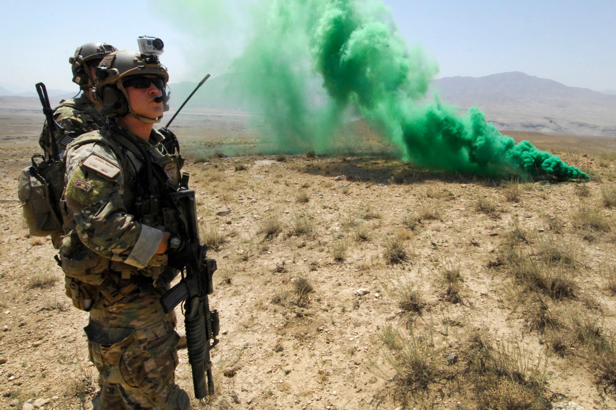 1st Lt Daniel Balch, a combat rescue officer assigned to the 83rd Expeditionary Rescue Squadron (front left), waits for a U.S. Air Force HH-60 Pave Hawk during a training mission at Bagram Airfield, Afghanistan, Aug. 18, 2012. During the nearly two hour training mission, Guastella participated with pararescue jumpers and CROs of the 83 ERQS, also known as the “Pedros,” to see firsthand how they contribute to the war on terrorism here in Afghanistan. Guastella expressed his appreciation for their efforts and for their part in continuing to making the mission a success. (U.S. Air Force photo/SSgt Jeff Nevison)